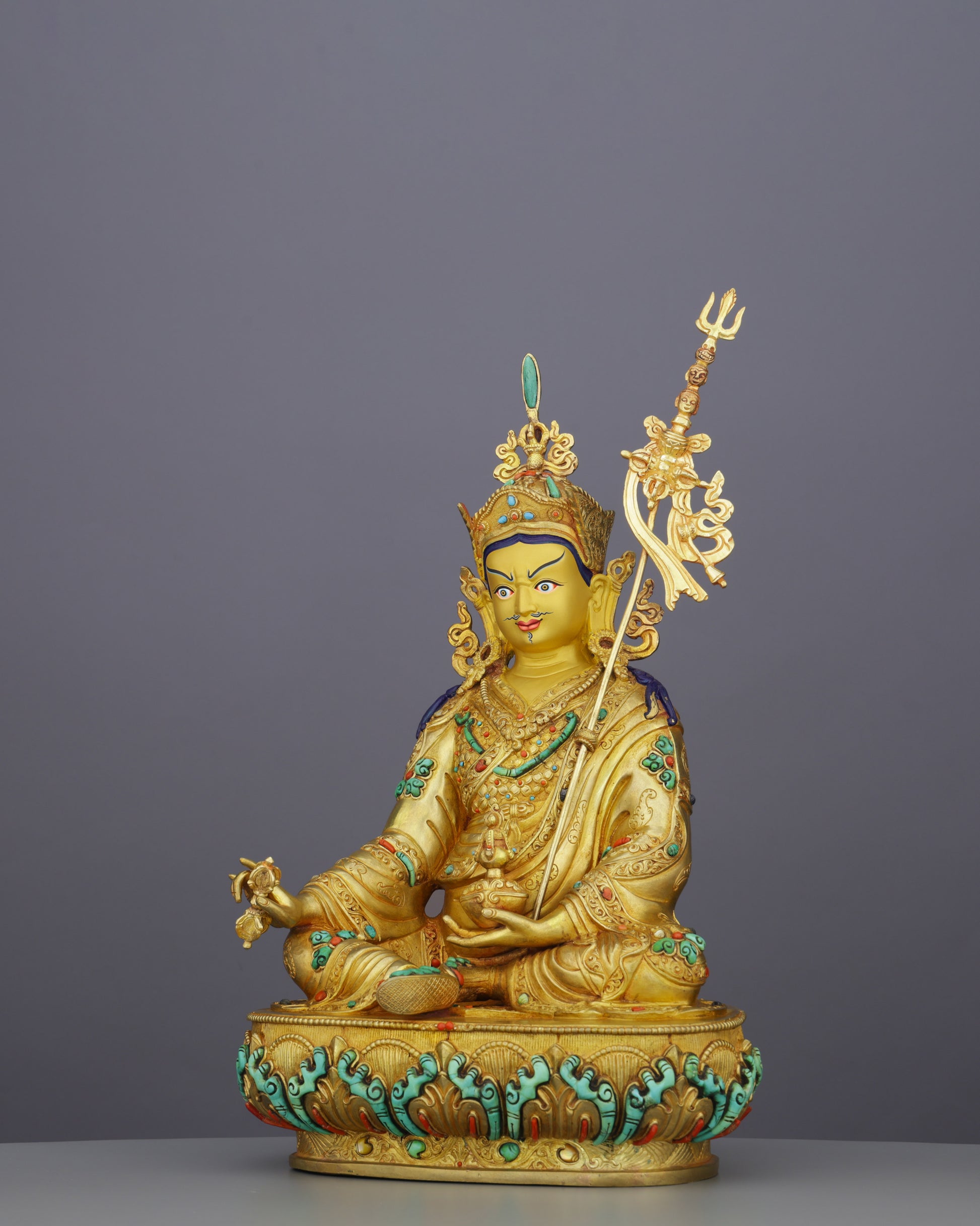 Fierce Grace in Gold | Guru Rinpoche Statue with Turquoise &amp; Coral Inlays - Authentic Handcrafted Statue