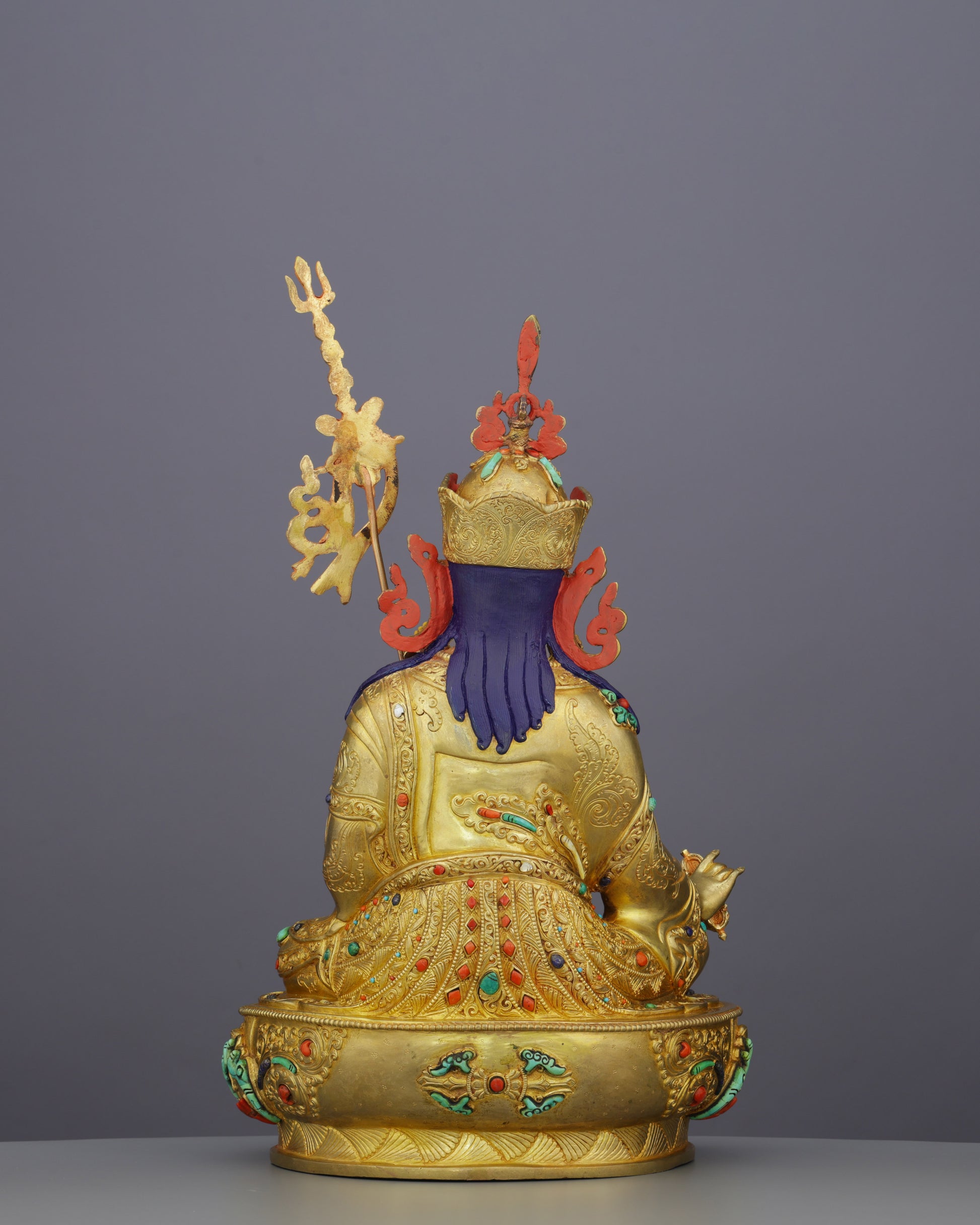 Fierce Grace in Gold | Guru Rinpoche Statue with Turquoise &amp; Coral Inlays - Authentic Handcrafted Statue