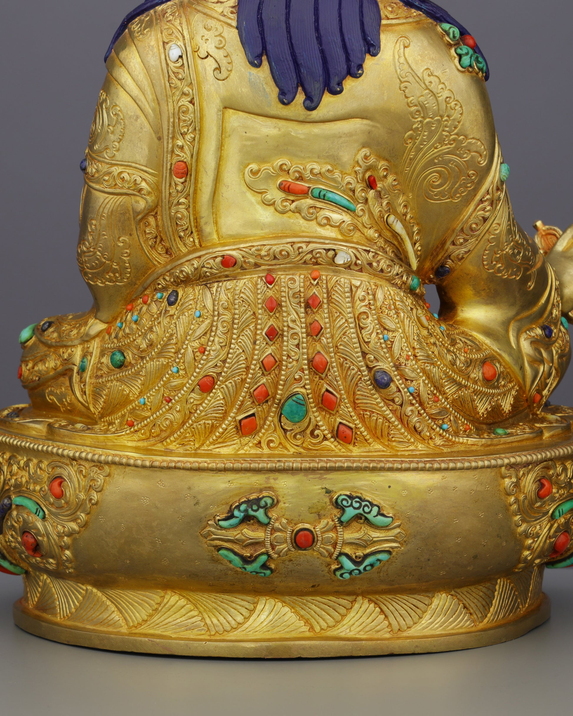 Fierce Grace in Gold | Guru Rinpoche Statue with Turquoise &amp; Coral Inlays - Authentic Handcrafted Statue