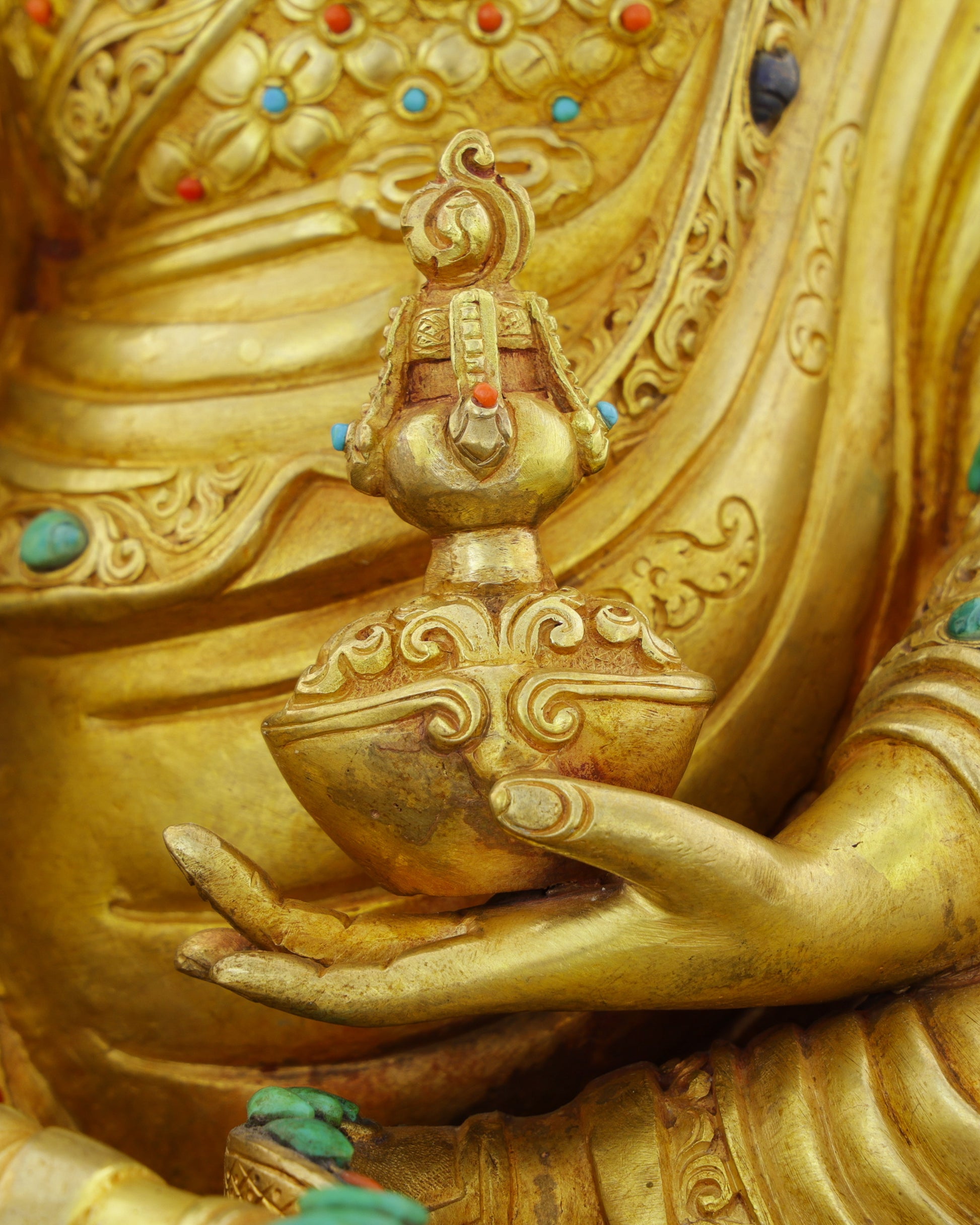 Fierce Grace in Gold | Guru Rinpoche Statue with Turquoise &amp; Coral Inlays - Authentic Handcrafted Statue