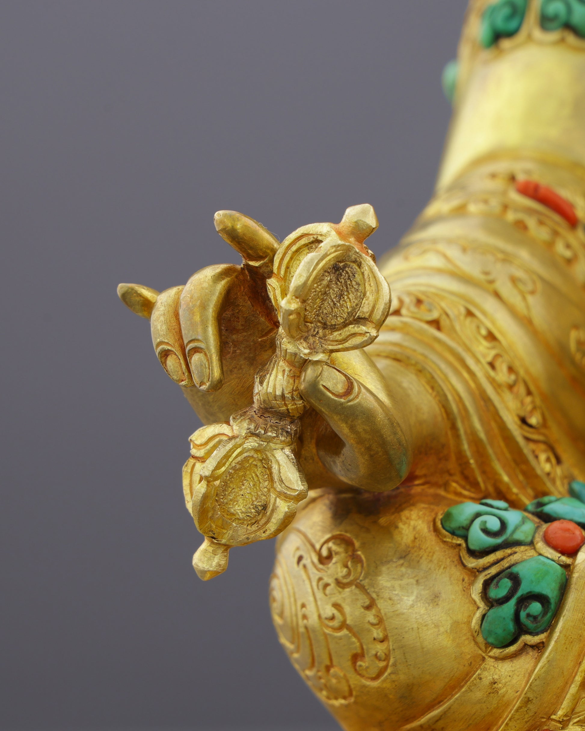 Fierce Grace in Gold | Guru Rinpoche Statue with Turquoise &amp; Coral Inlays - Authentic Handcrafted Statue