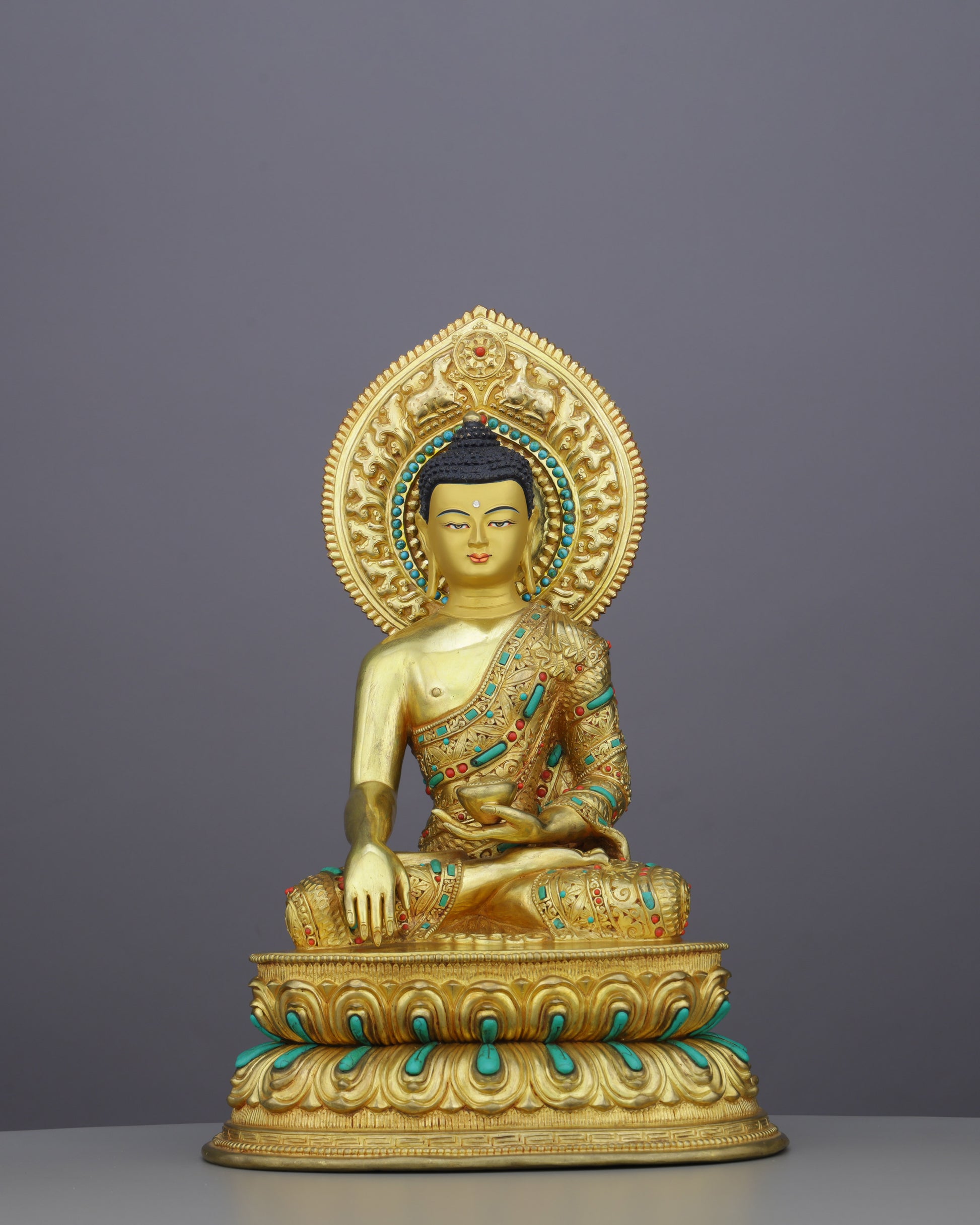 Gold, Turquoise &amp; Coral | Sakyamuni Buddha Statue in Himalayan Splendor - Authentic Handcrafted Statue