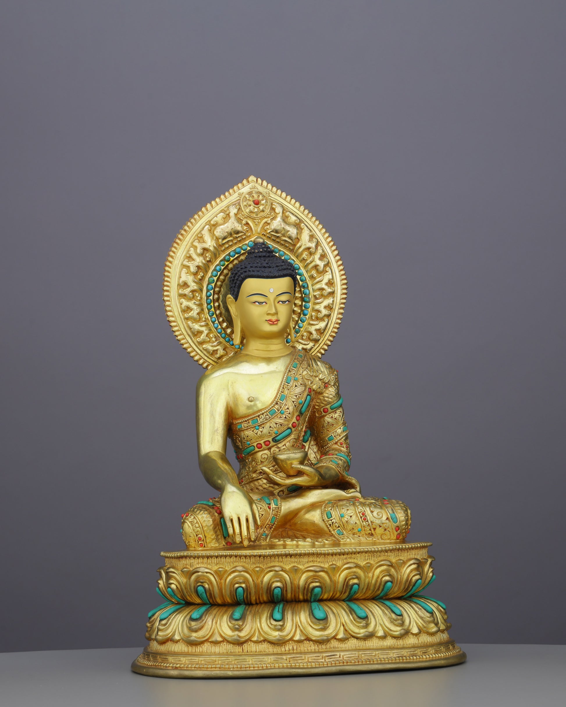 Gold, Turquoise &amp; Coral | Sakyamuni Buddha Statue in Himalayan Splendor - Authentic Handcrafted Statue