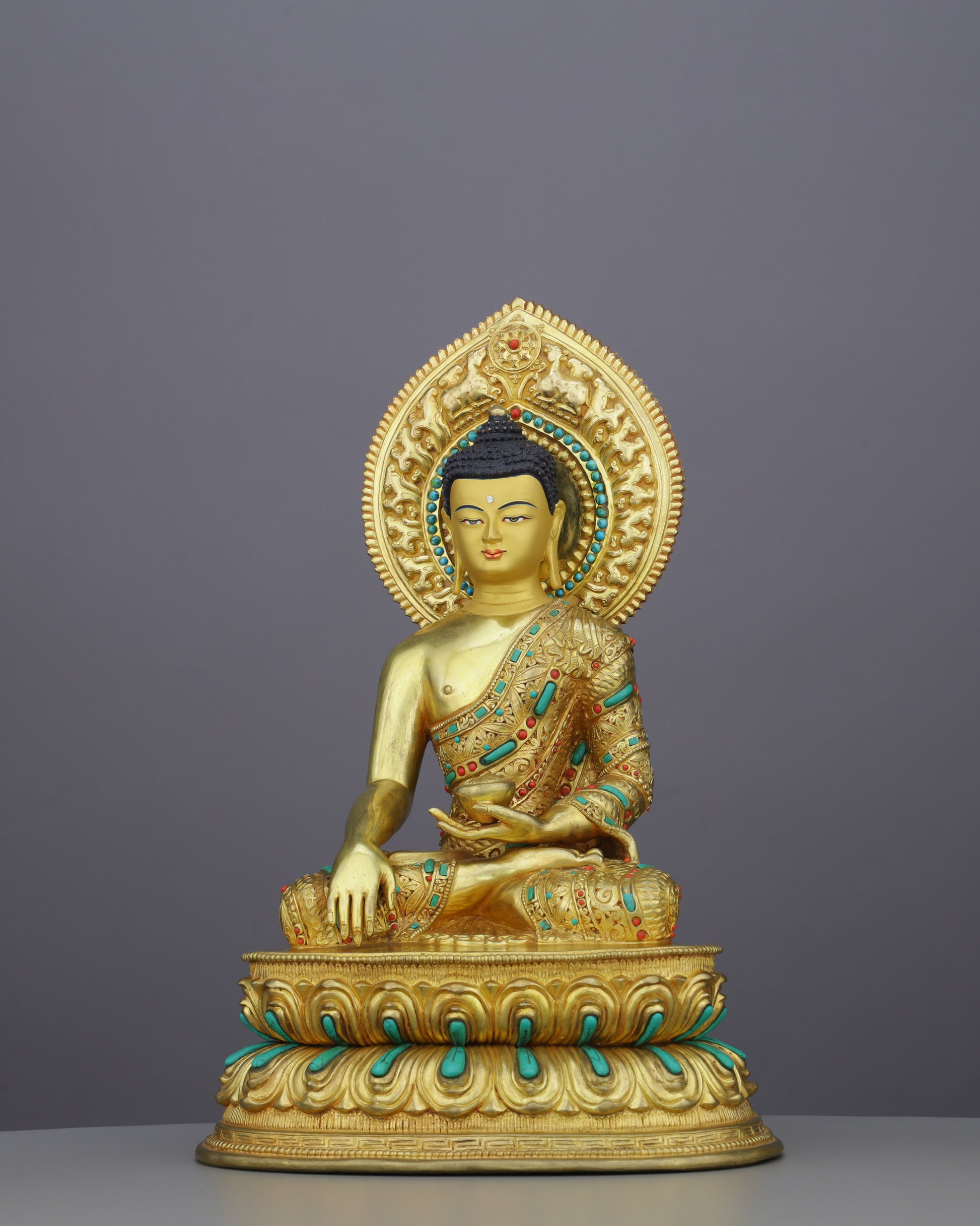 Gold, Turquoise &amp; Coral | Sakyamuni Buddha Statue in Himalayan Splendor - Authentic Handcrafted Statue