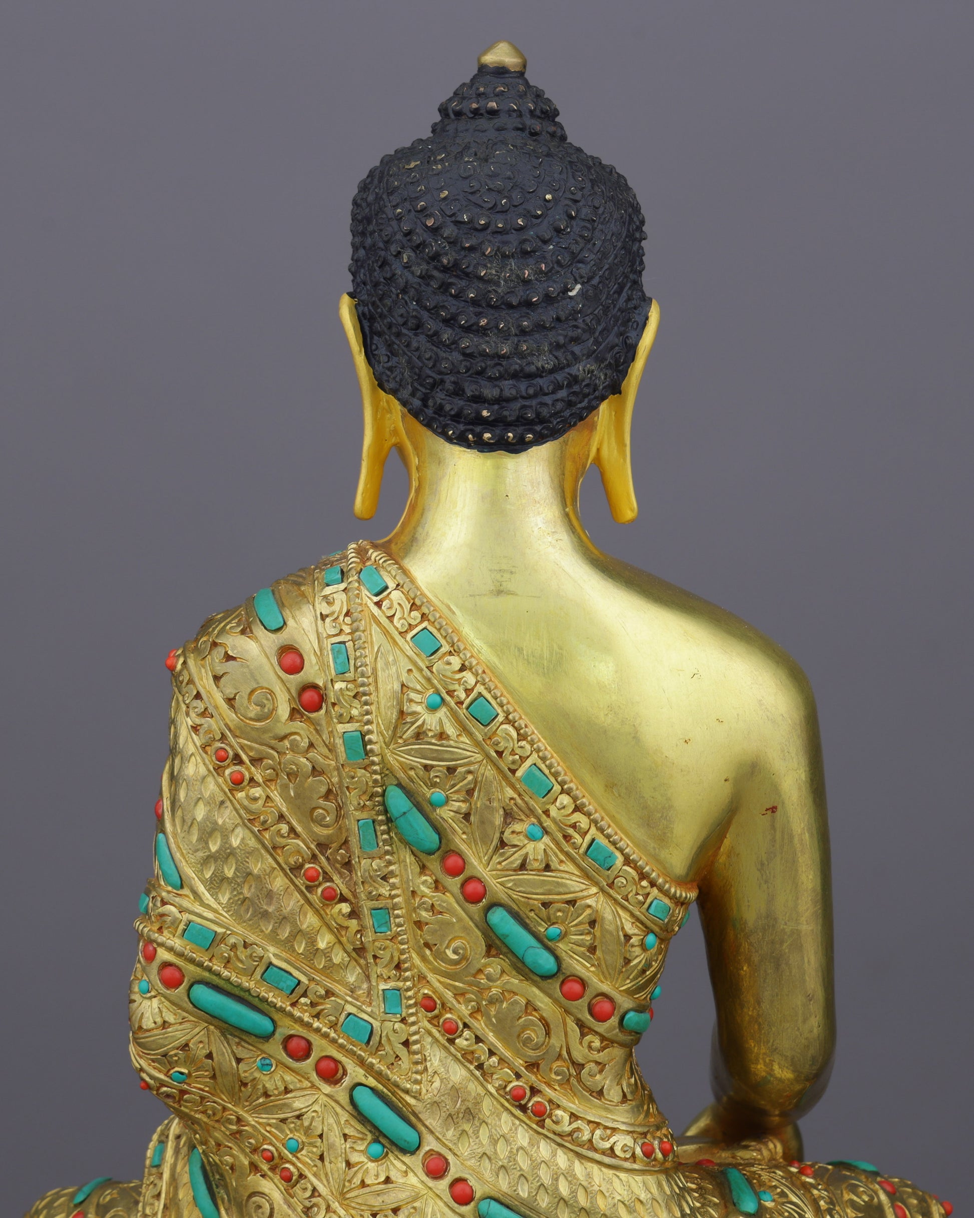 Gold, Turquoise &amp; Coral | Sakyamuni Buddha Statue in Himalayan Splendor - Authentic Handcrafted Statue