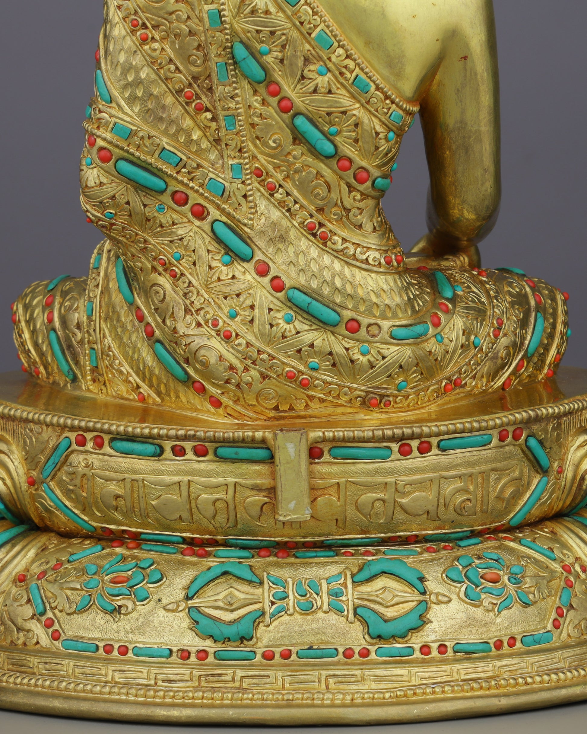 Gold, Turquoise &amp; Coral | Sakyamuni Buddha Statue in Himalayan Splendor - Authentic Handcrafted Statue