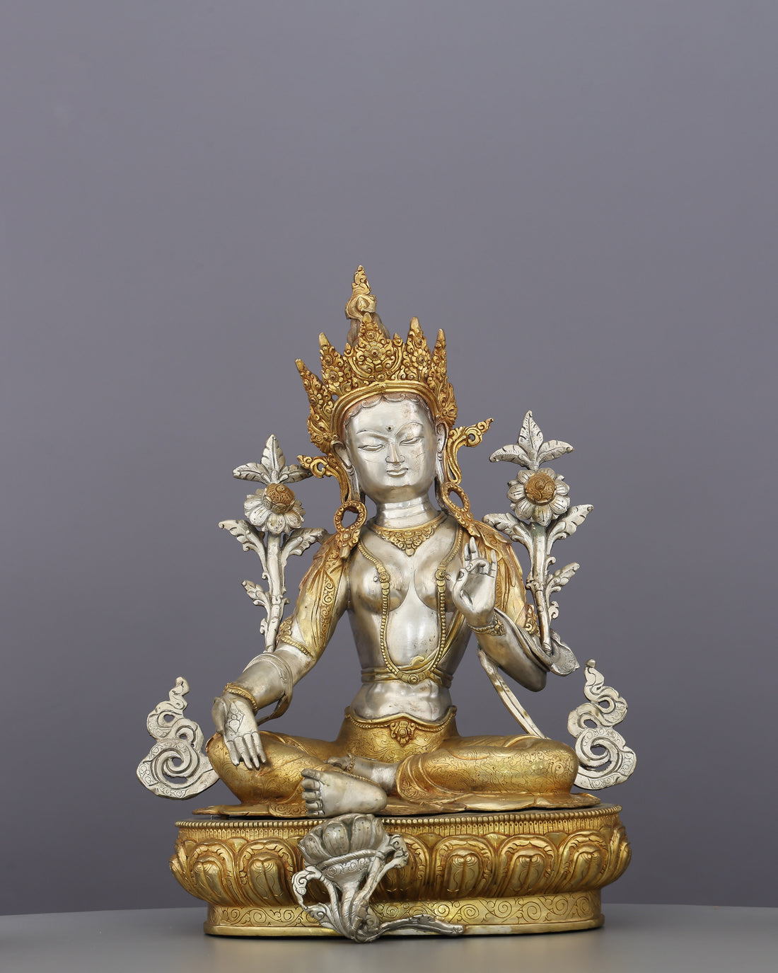 She Who Saves in an Instant | The Radiant Green Tara Statue in Silver & Gold - Handcrafted Buddhist Statue