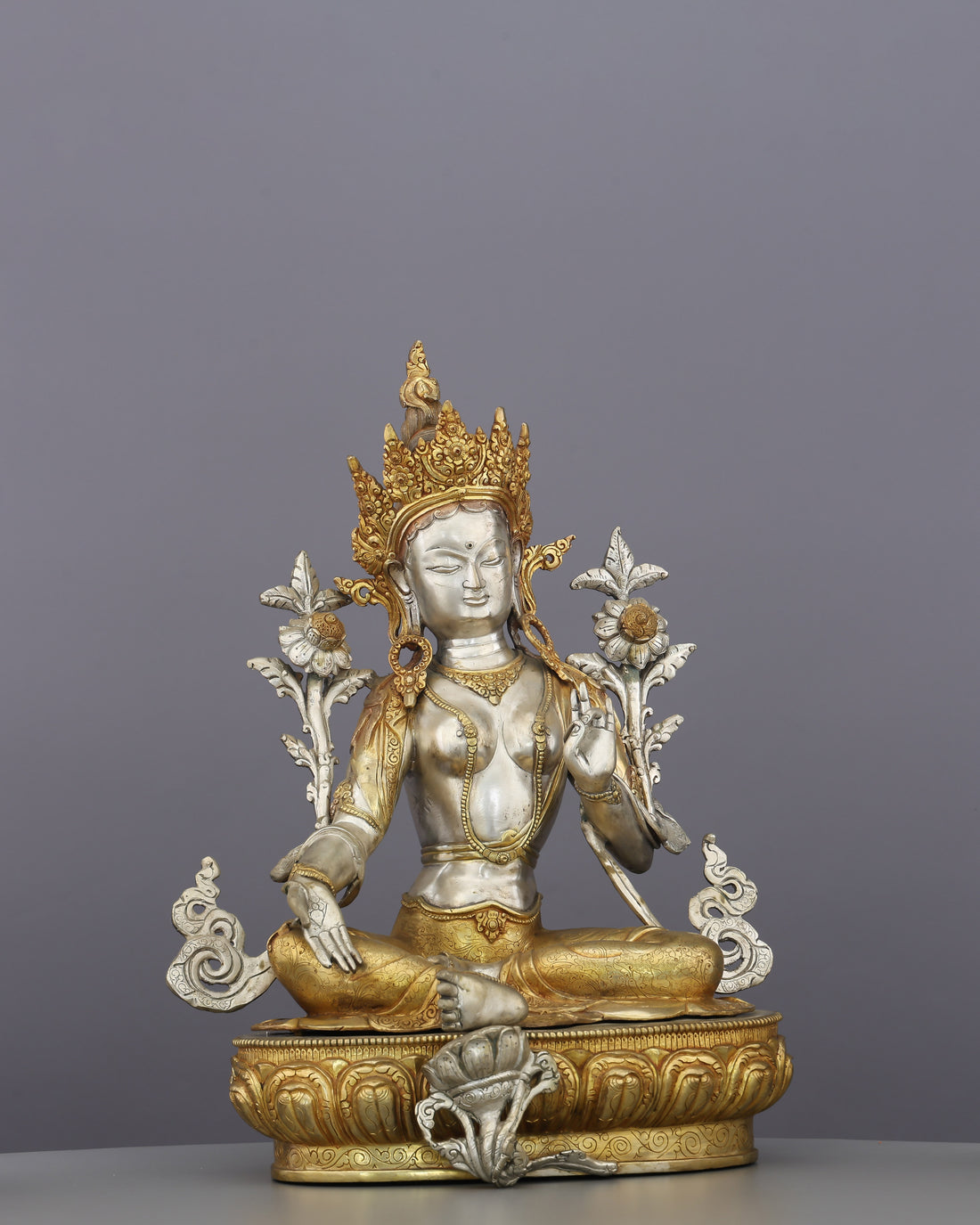 She Who Saves in an Instant | The Radiant Green Tara Statue in Silver & Gold - Handcrafted Buddhist Statue - Authentic Sacred Art