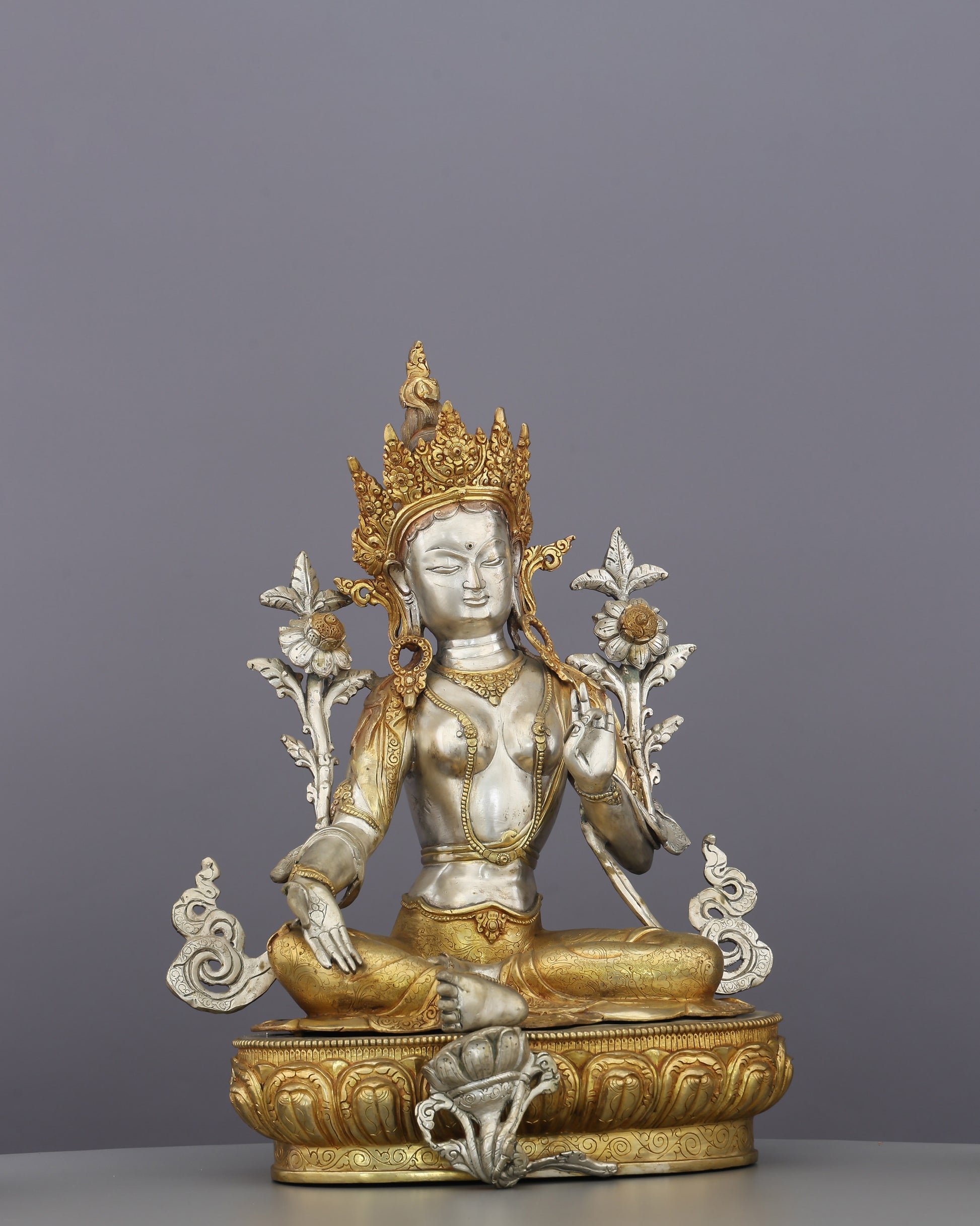 She Who Saves in an Instant | The Radiant Green Tara Statue in Silver & Gold - Authentic Handcrafted Statue