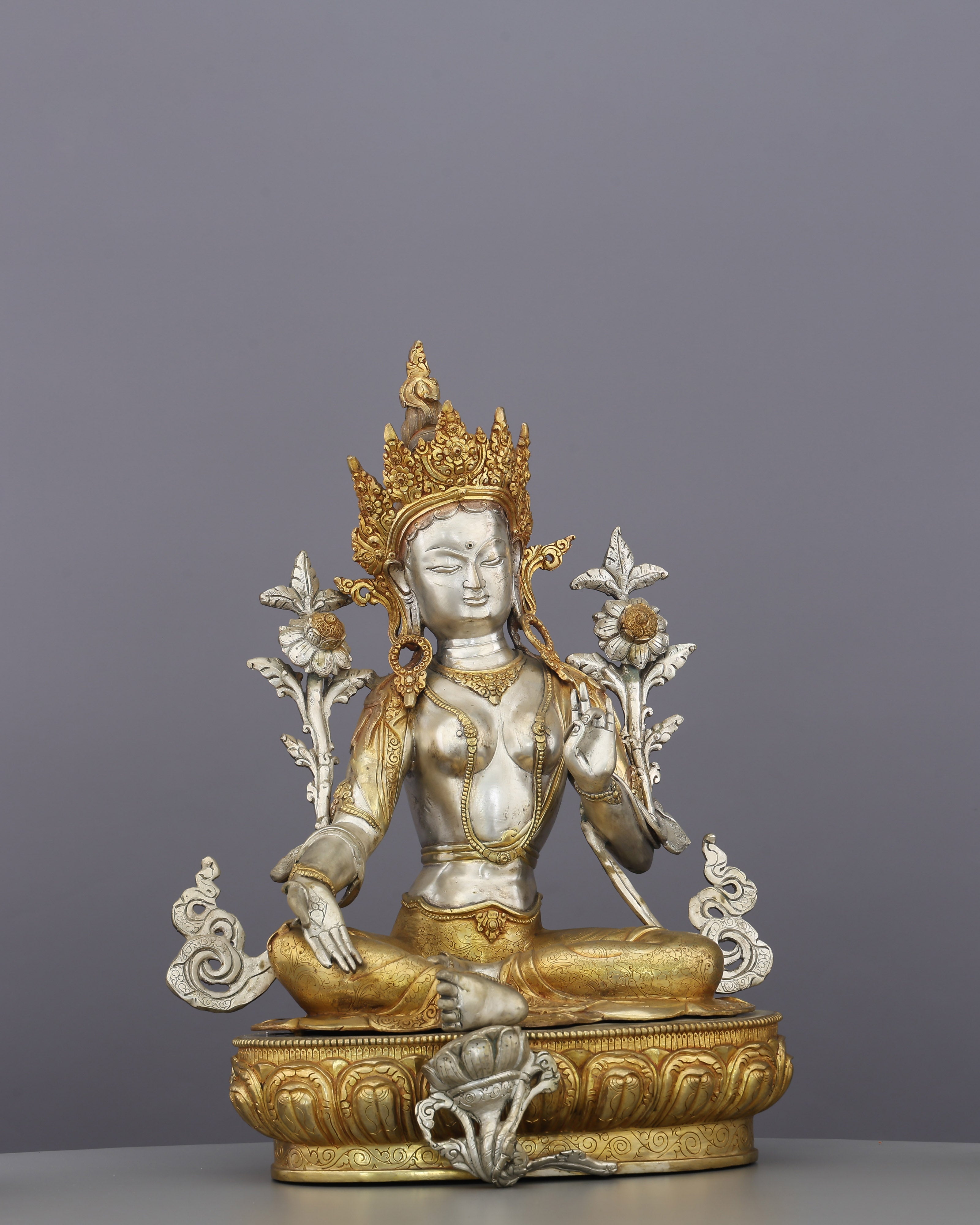 She Who Saves in an Instant | The Radiant Green Tara Statue in Silver & Gold