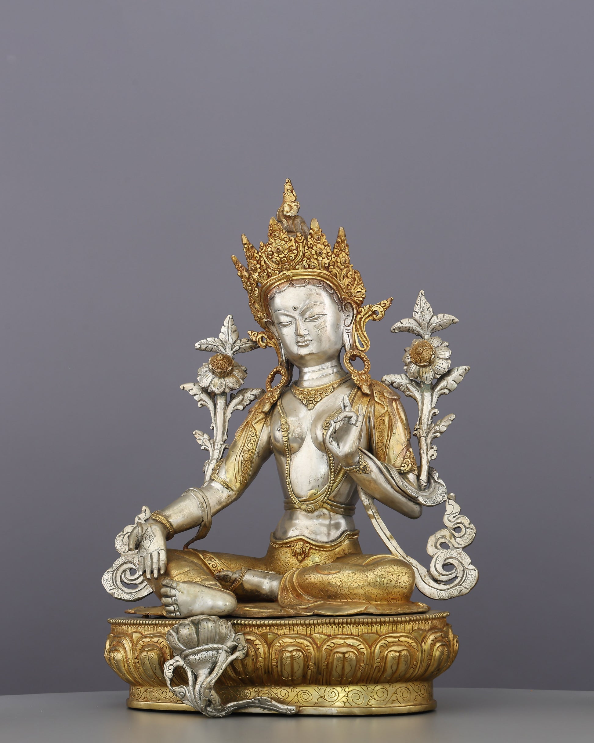 She Who Saves in an Instant | The Radiant Green Tara Statue in Silver & Gold - Authentic Handcrafted Statue