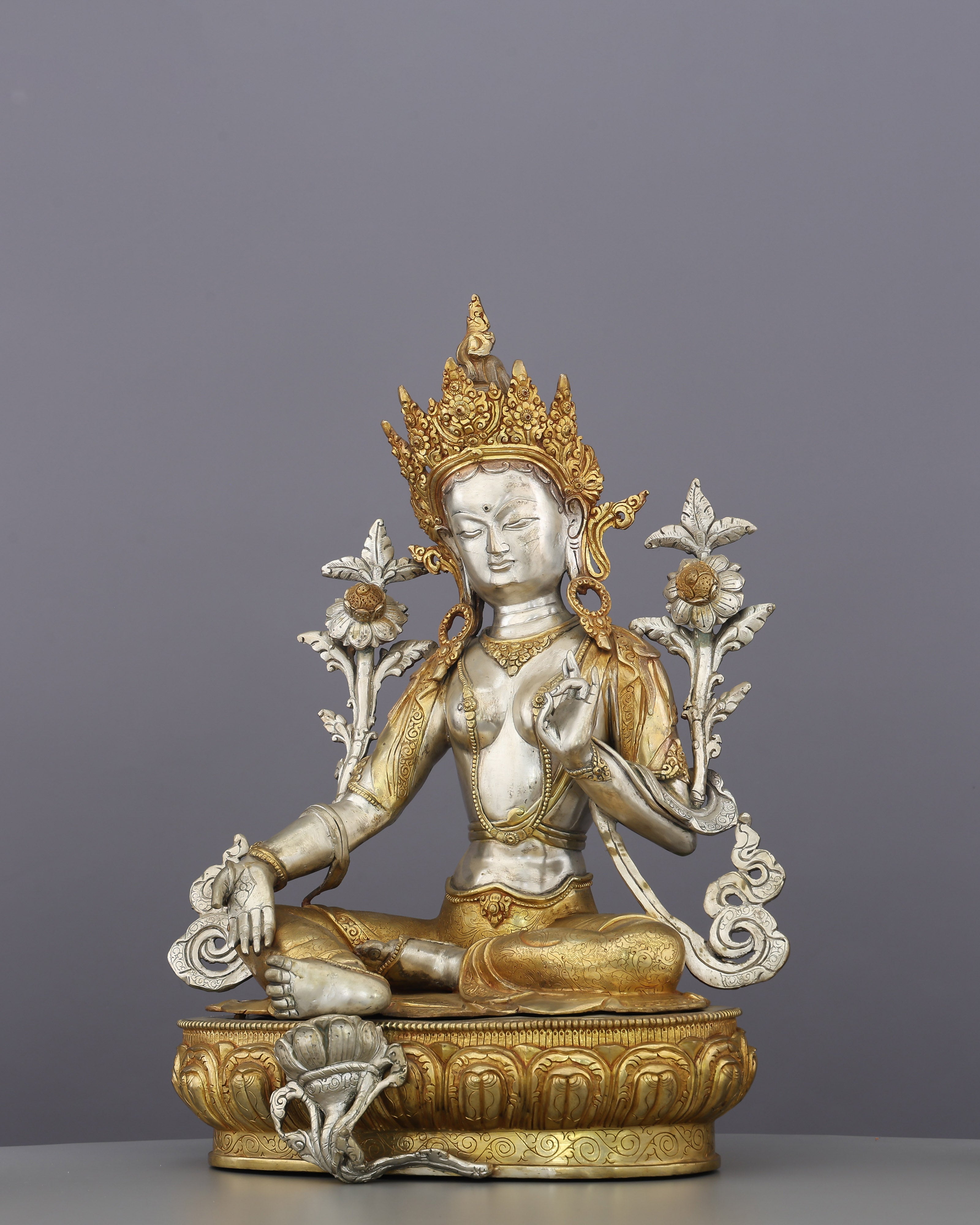 She Who Saves in an Instant | The Radiant Green Tara Statue in Silver & Gold