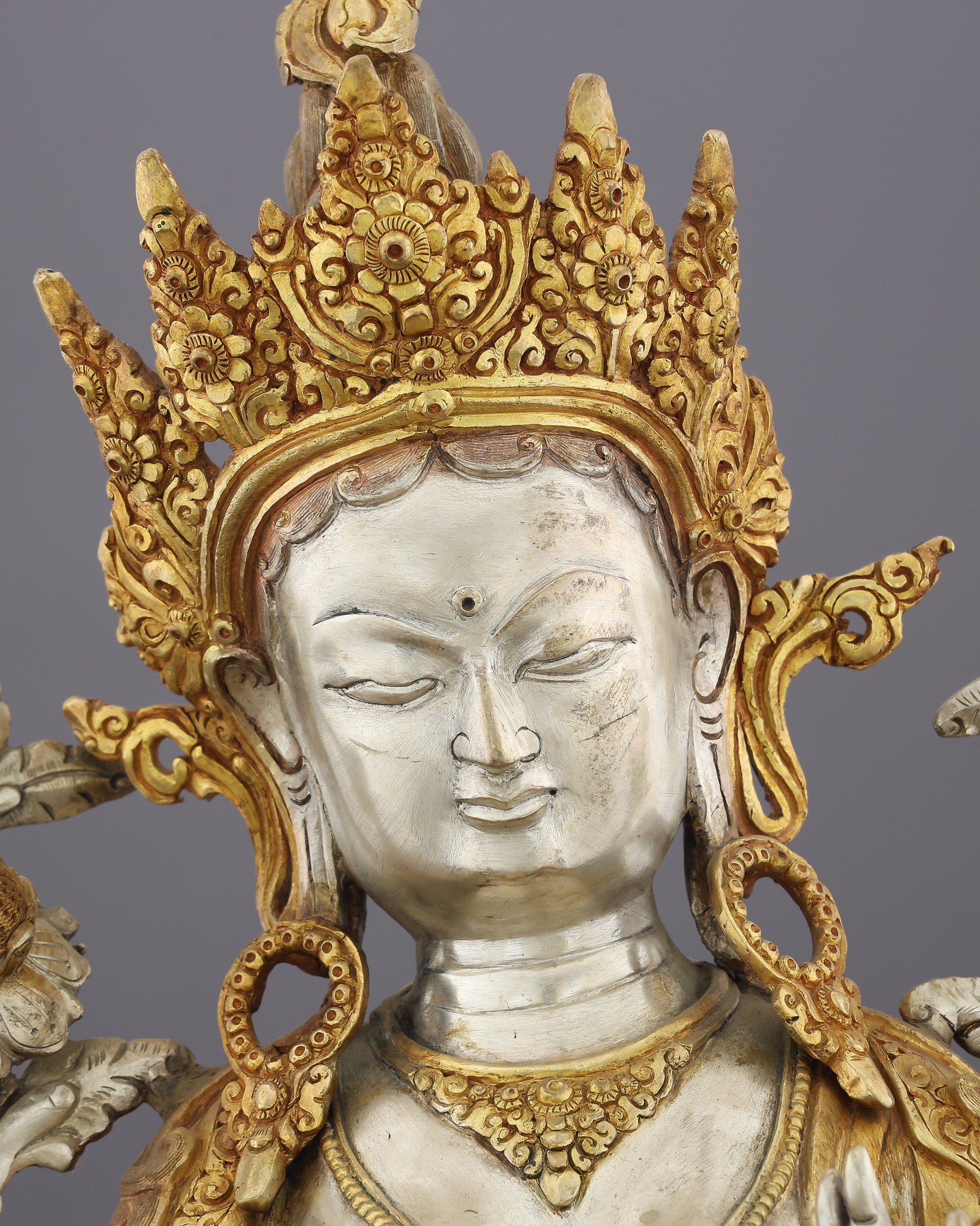 She Who Saves in an Instant | The Radiant Green Tara Statue in Silver & Gold - Authentic Handcrafted Statue