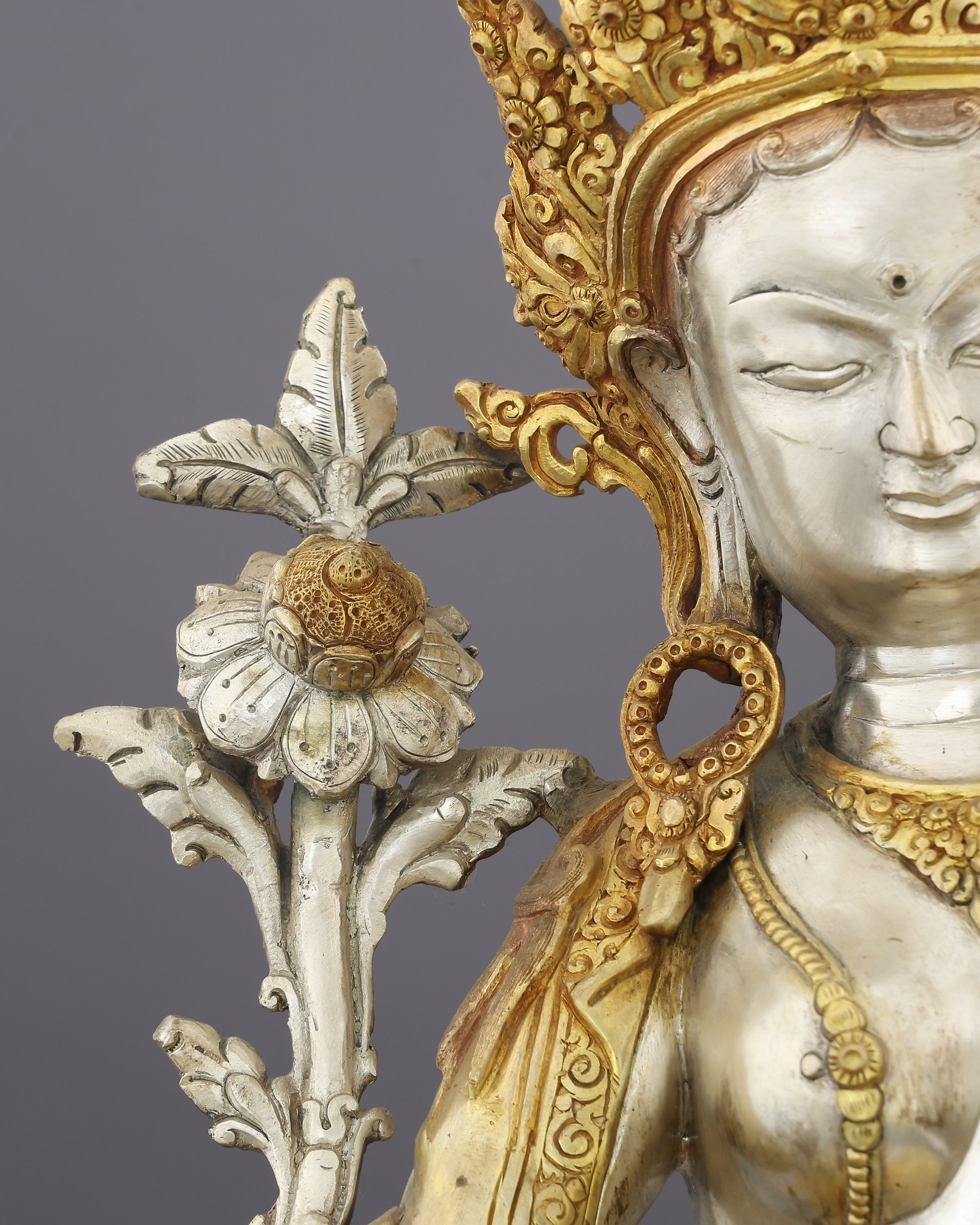 She Who Saves in an Instant | The Radiant Green Tara Statue in Silver & Gold - Authentic Handcrafted Statue