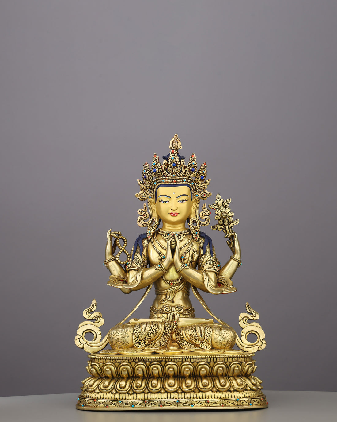 Compassion Embodied | The Four-Armed Chengresi in 24K Gold - Handcrafted Buddhist Statue