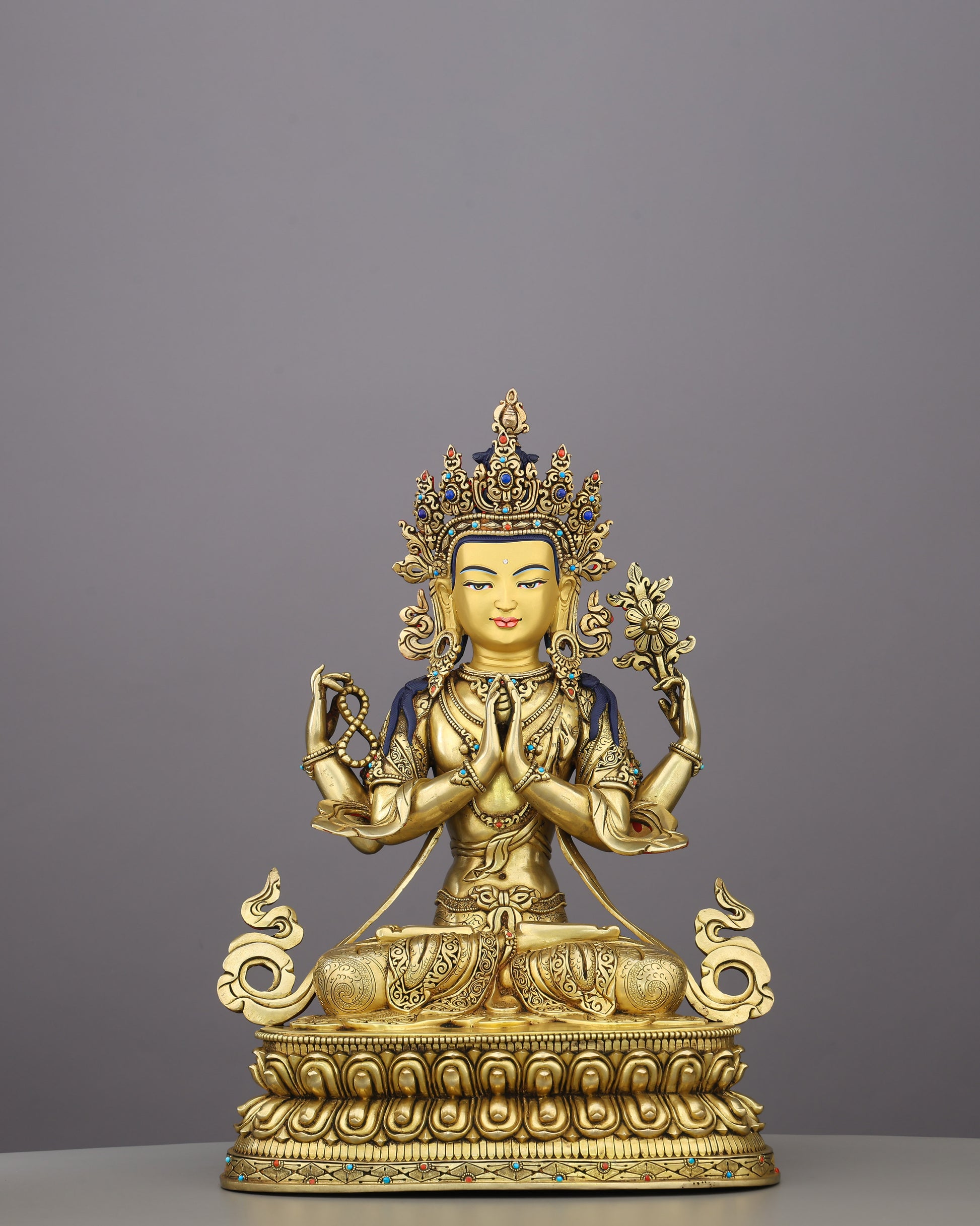 Compassion Embodied | The Four-Armed Chengresi in 24K Gold - Authentic Handcrafted Statue