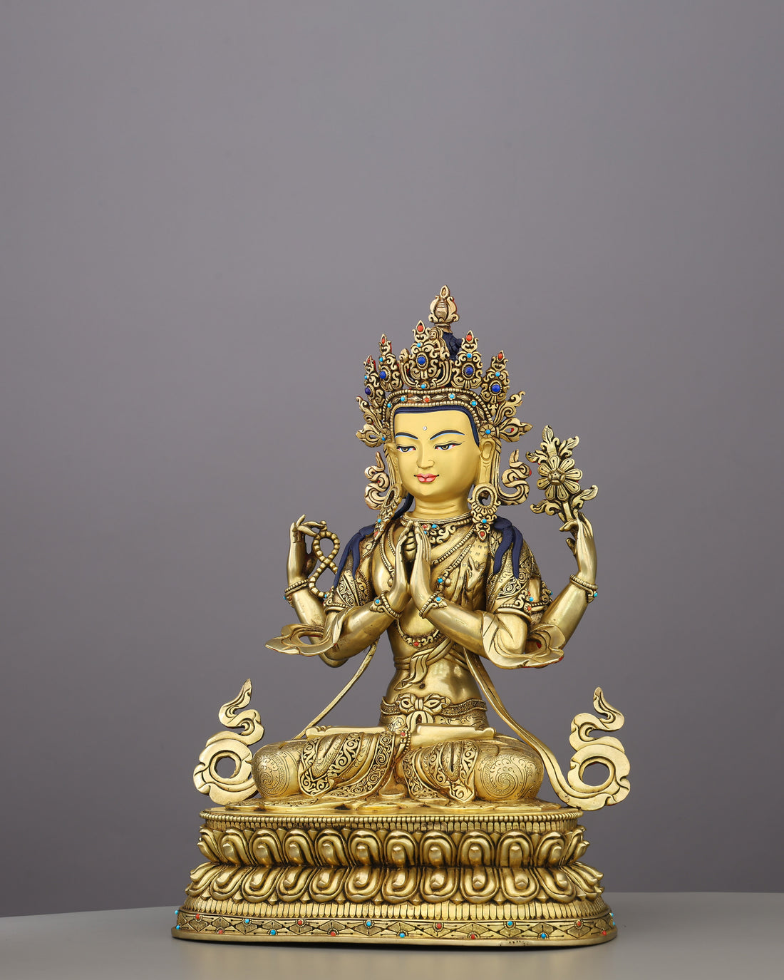 Compassion Embodied | The Four-Armed Chengresi in 24K Gold - Handcrafted Buddhist Statue - Authentic Sacred Art