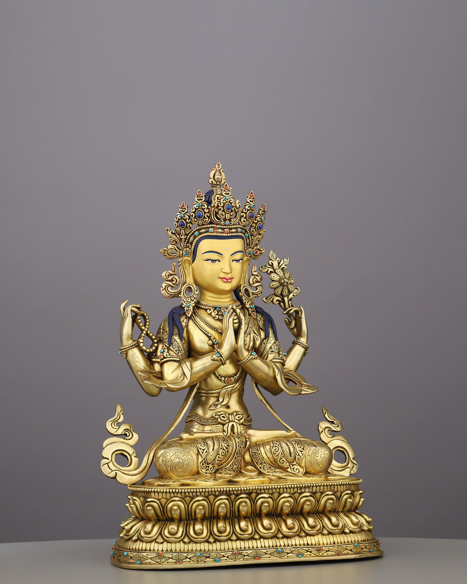 Compassion Embodied | The Four-Armed Chengresi in 24K Gold - Authentic Handcrafted Statue