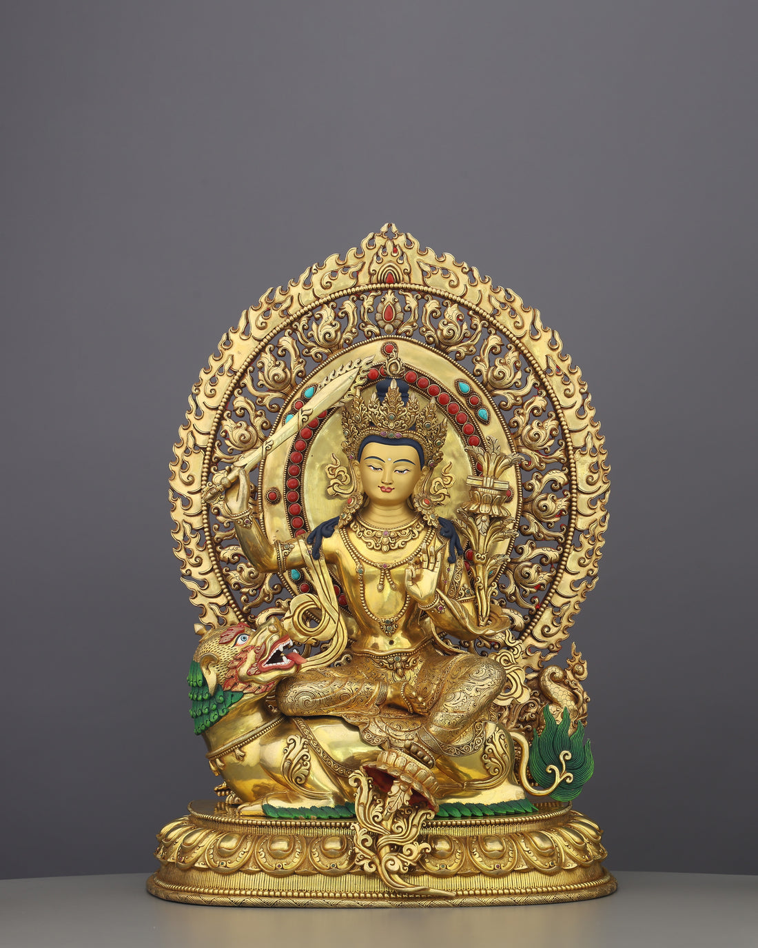 Simhanada Manjushri | The Lion-Roaring Bodhisattva of Wisdom Enthroned in Gold - Handcrafted Buddhist Statue