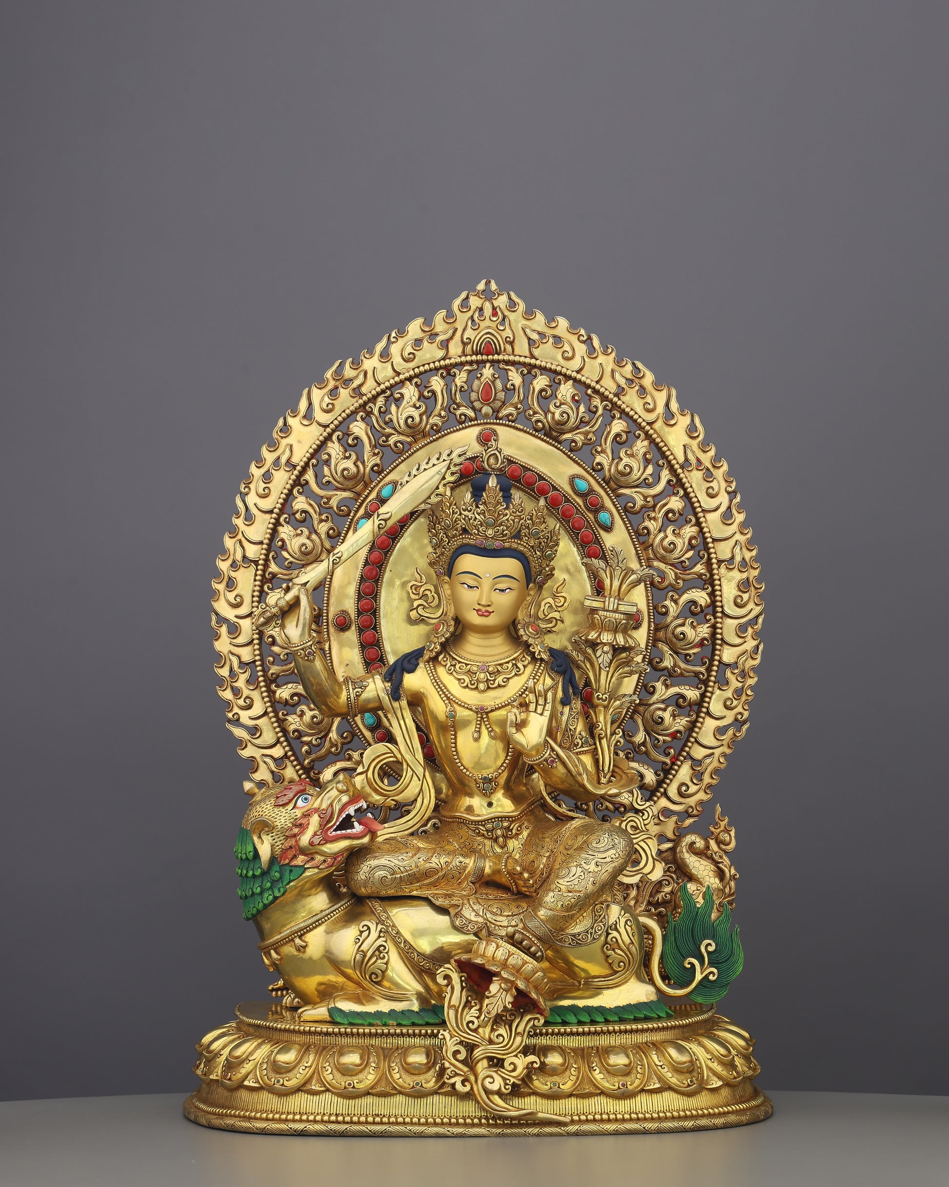Simhanada Manjushri | The Lion-Roaring Bodhisattva of Wisdom Enthroned in Gold - Authentic Handcrafted Statue