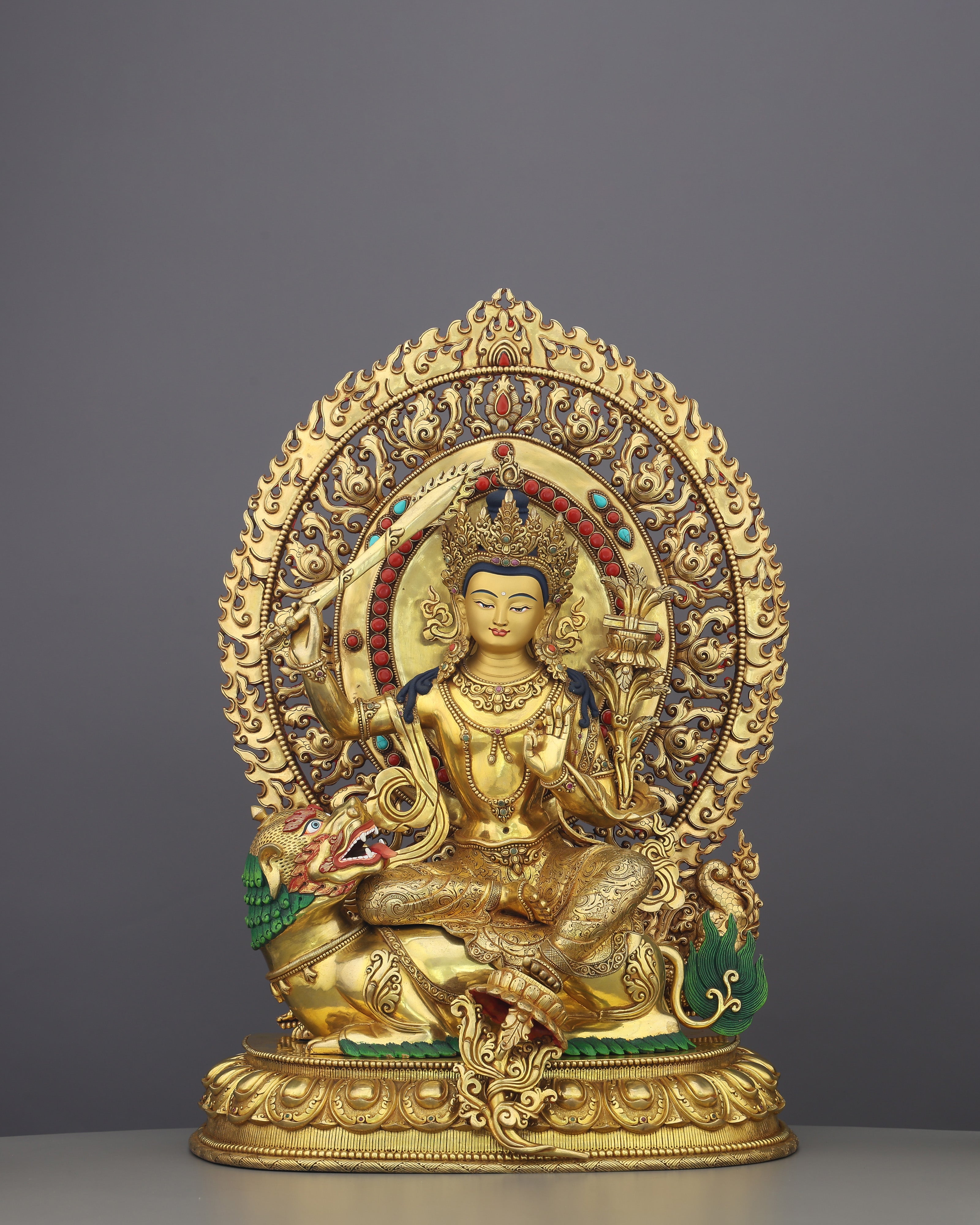 Simhanada Manjushri | The Lion-Roaring Bodhisattva of Wisdom Enthroned in Gold