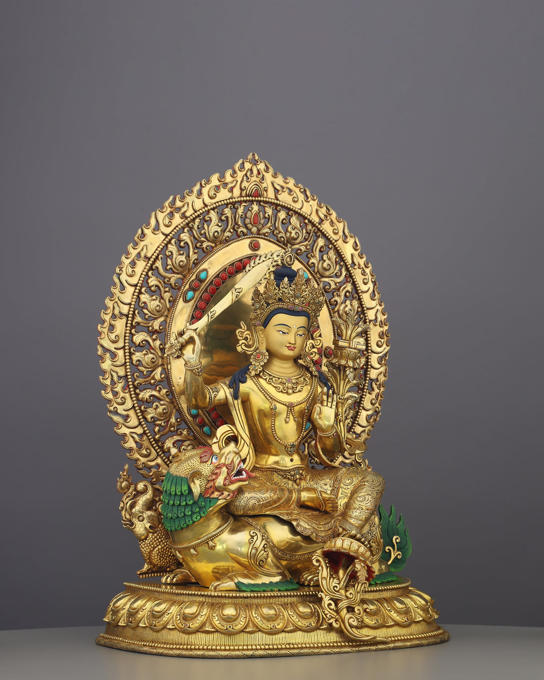 Simhanada Manjushri | The Lion-Roaring Bodhisattva of Wisdom Enthroned in Gold - Handcrafted Buddhist Statue - Authentic Sacred Art