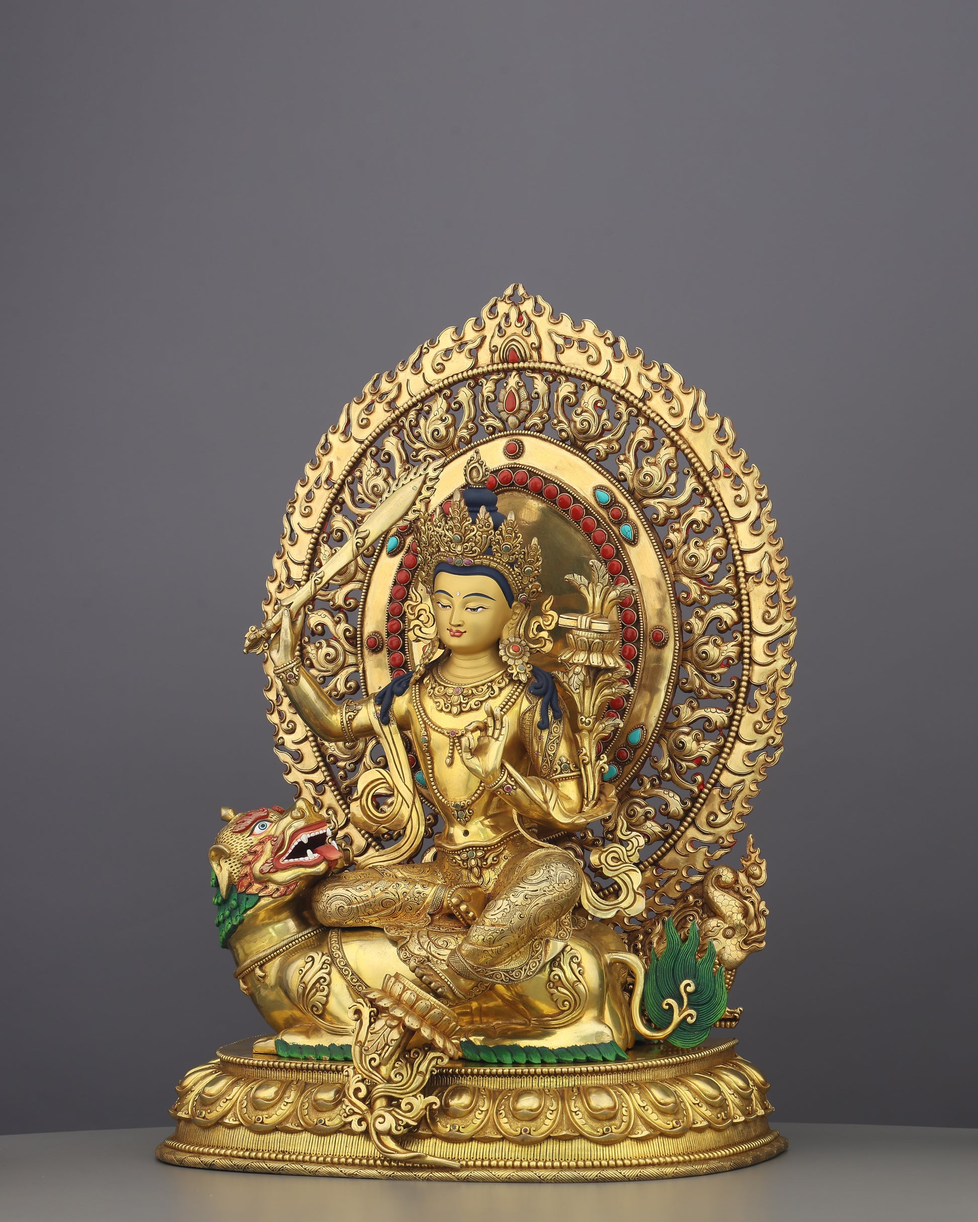 Simhanada Manjushri | The Lion-Roaring Bodhisattva of Wisdom Enthroned in Gold - Authentic Handcrafted Statue