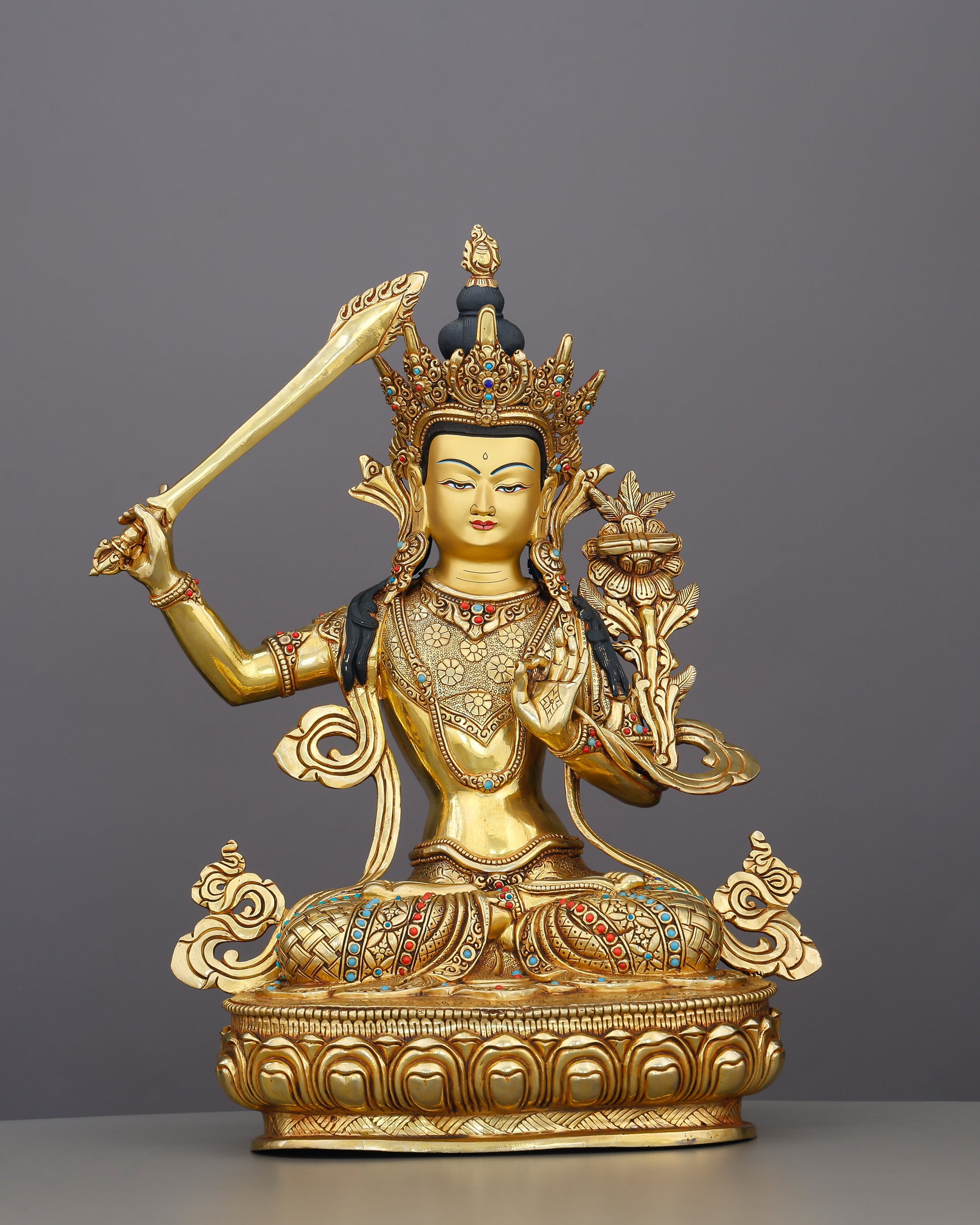 Blade of Brilliance | Gold-Gilded Manjushri Statue - Authentic Handcrafted Statue