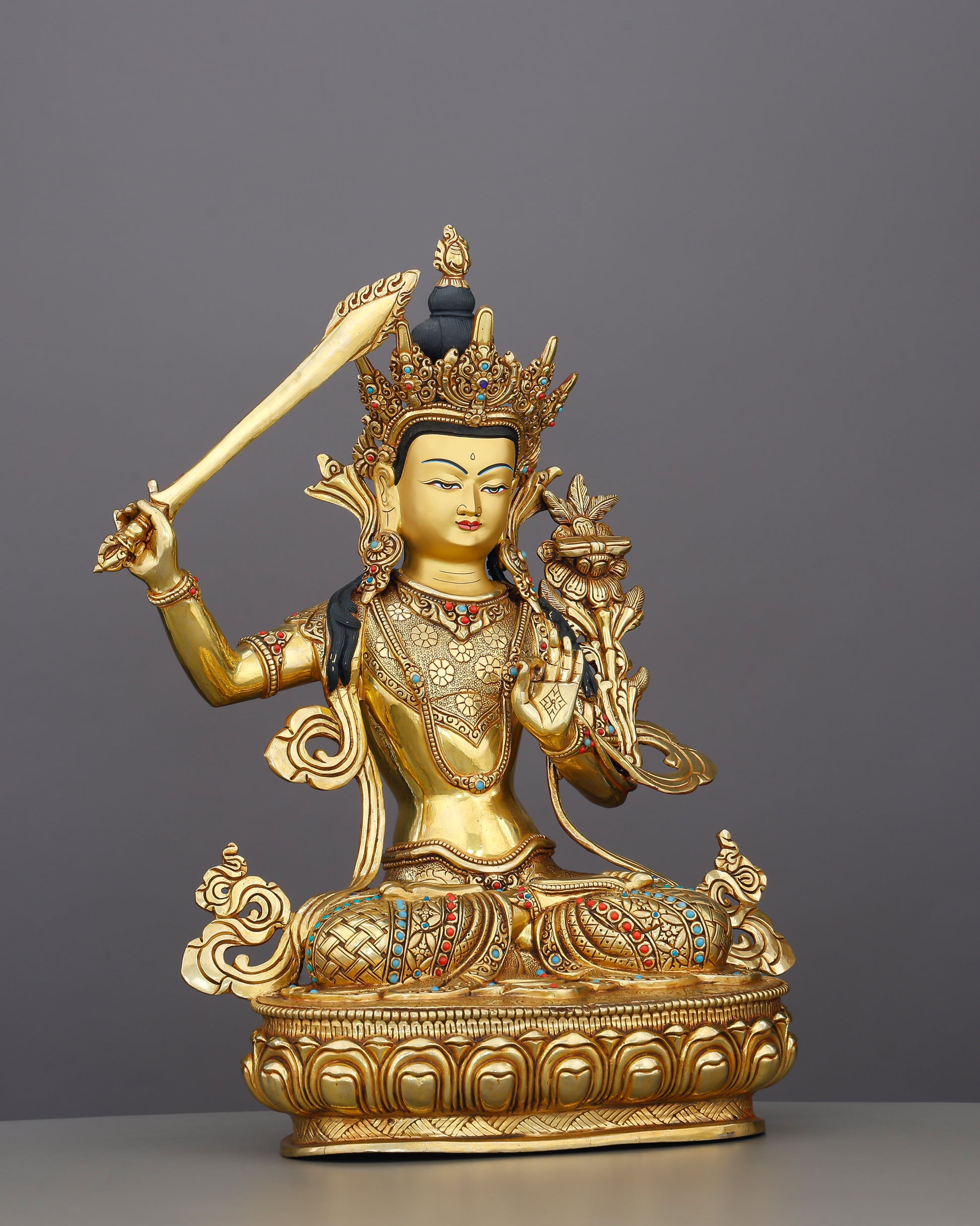 Blade of Brilliance | Gold-Gilded Manjushri Statue - Authentic Handcrafted Statue