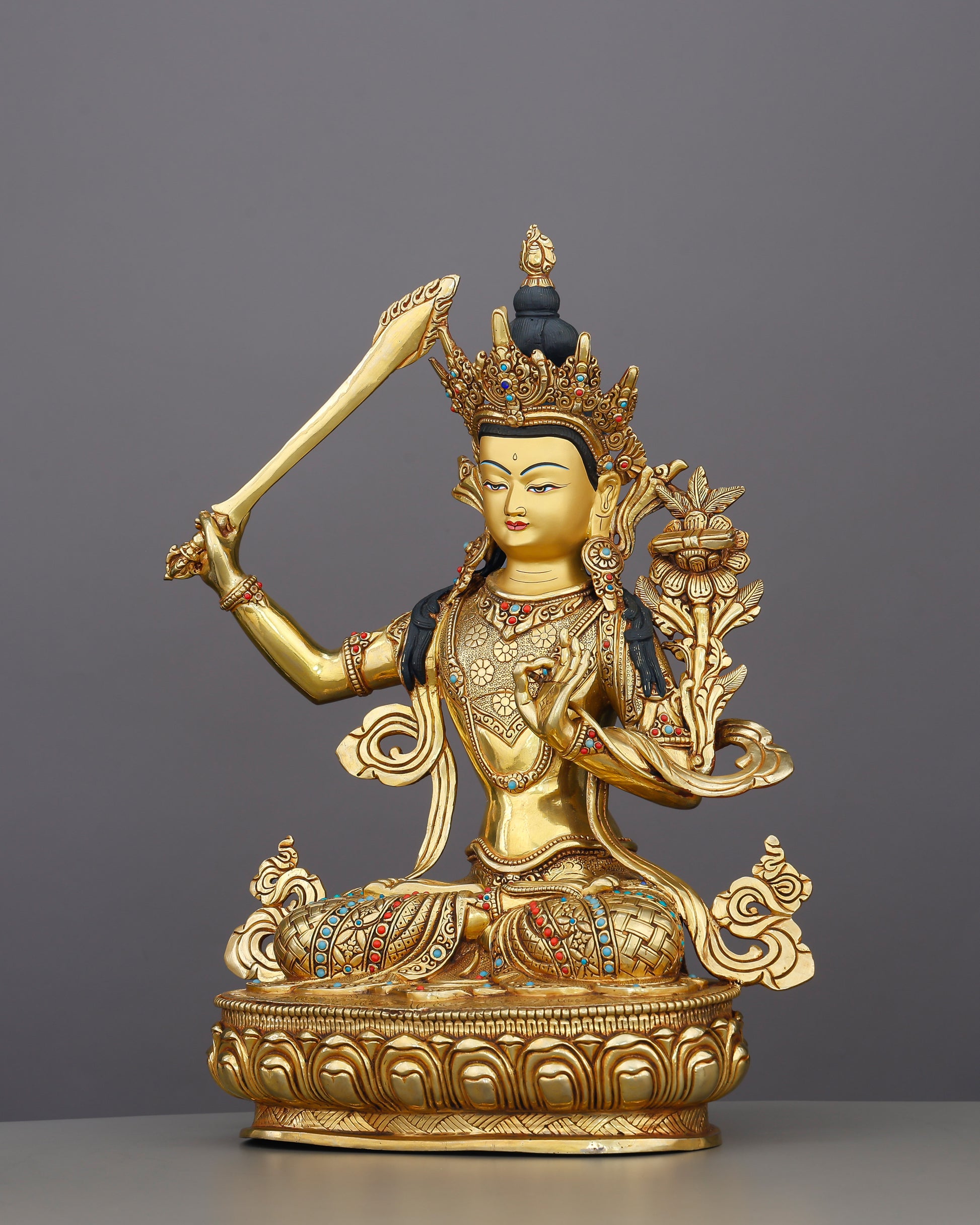 Blade of Brilliance | Gold-Gilded Manjushri Statue - Authentic Handcrafted Statue