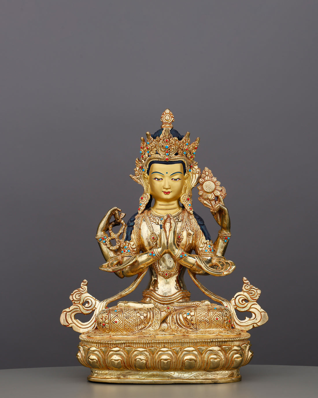 Four Arms, One Heart | 24K Gold Gilded Chengresi From Nepal - Handcrafted Buddhist Statue