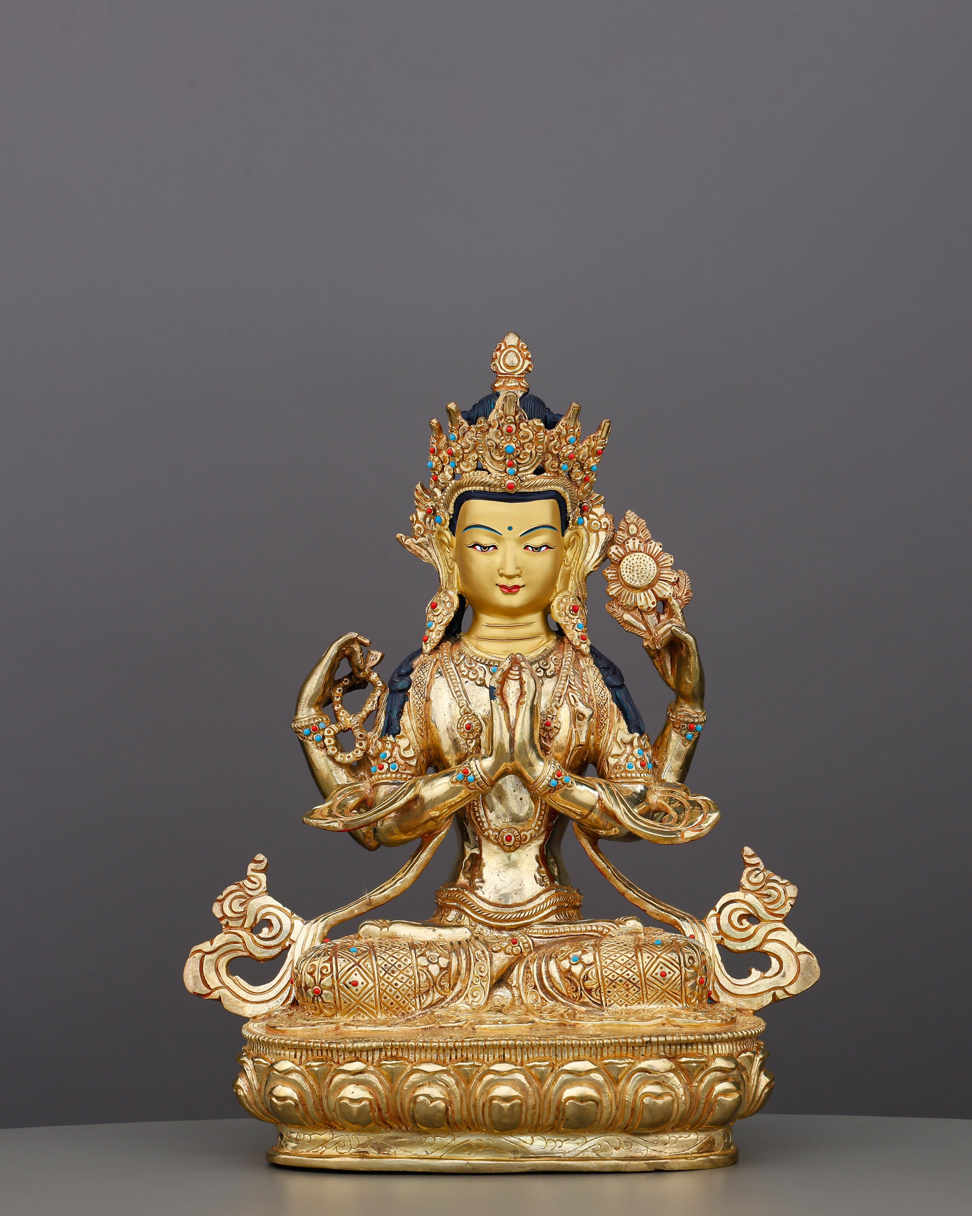 Four Arms, One Heart | 24K Gold Gilded Chengresi From Nepal - Authentic Handcrafted Statue