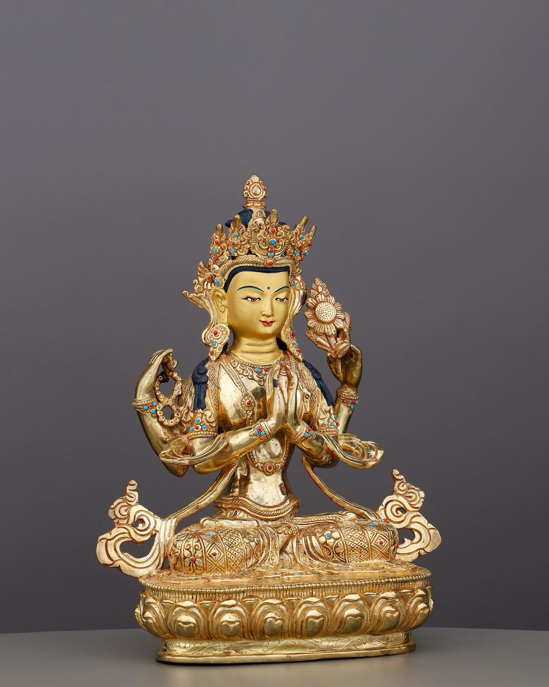 Four Arms, One Heart | 24K Gold Gilded Chengresi From Nepal - Handcrafted Buddhist Statue - Authentic Sacred Art