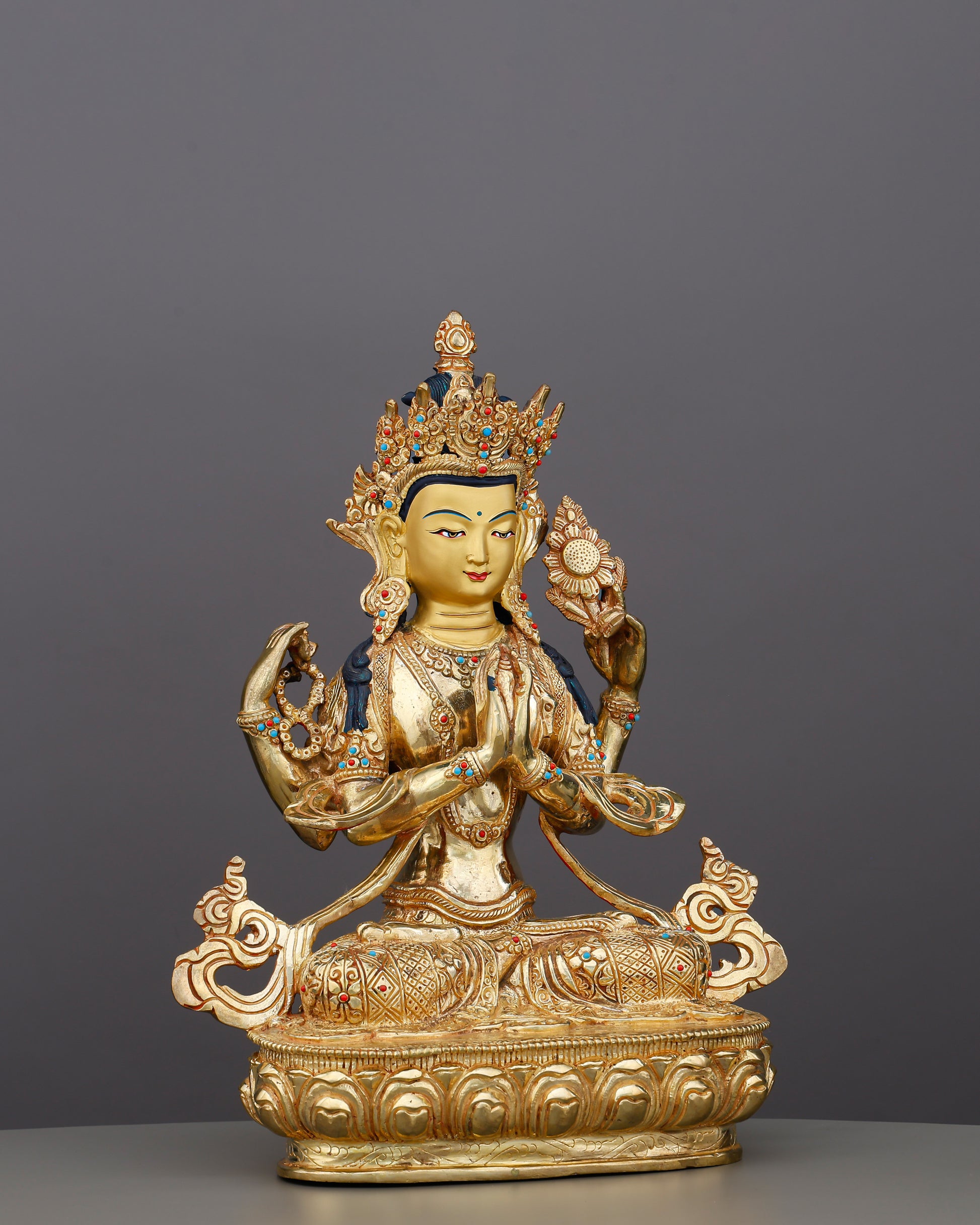 Four Arms, One Heart | 24K Gold Gilded Chengresi From Nepal - Authentic Handcrafted Statue