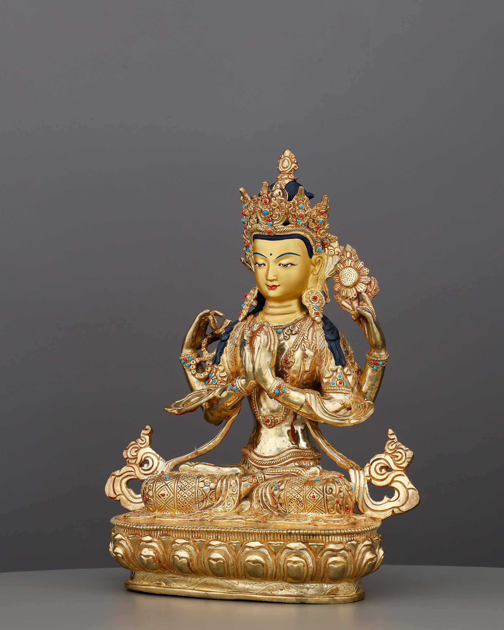 Four Arms, One Heart | 24K Gold Gilded Chengresi From Nepal - Authentic Handcrafted Statue