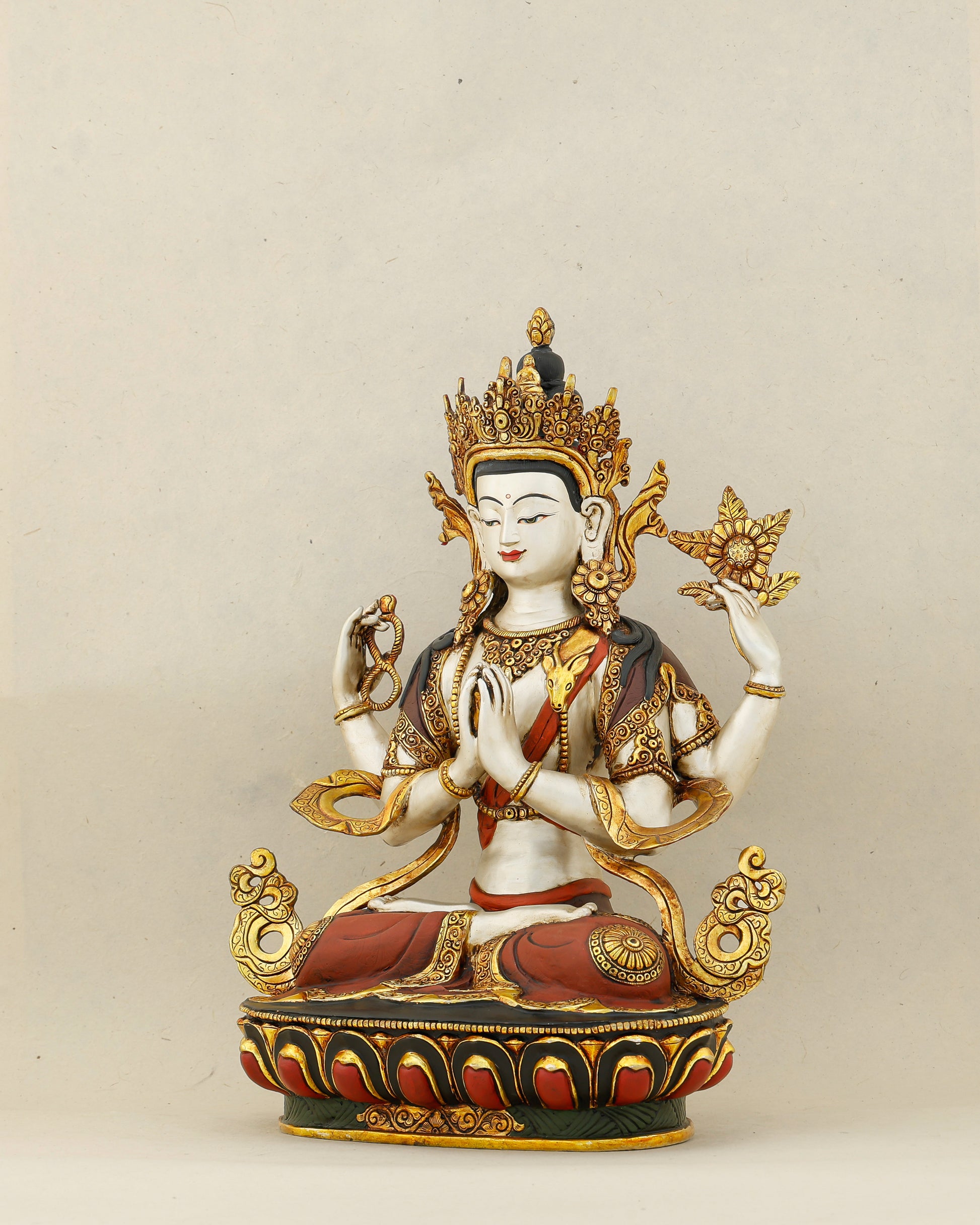 White as Mercy, Gold as Grace | Handcrafted Chengresi From The Himalayas - Authentic Handcrafted Statue