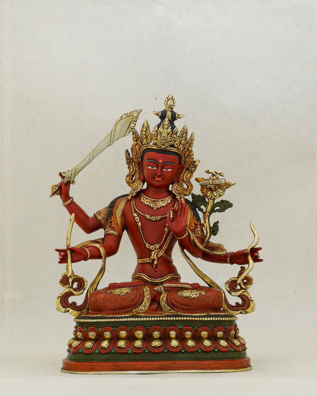 Red as Fire, Sharp as Truth | Six-Armed Manjushri From Nepal - Handcrafted Buddhist Statue