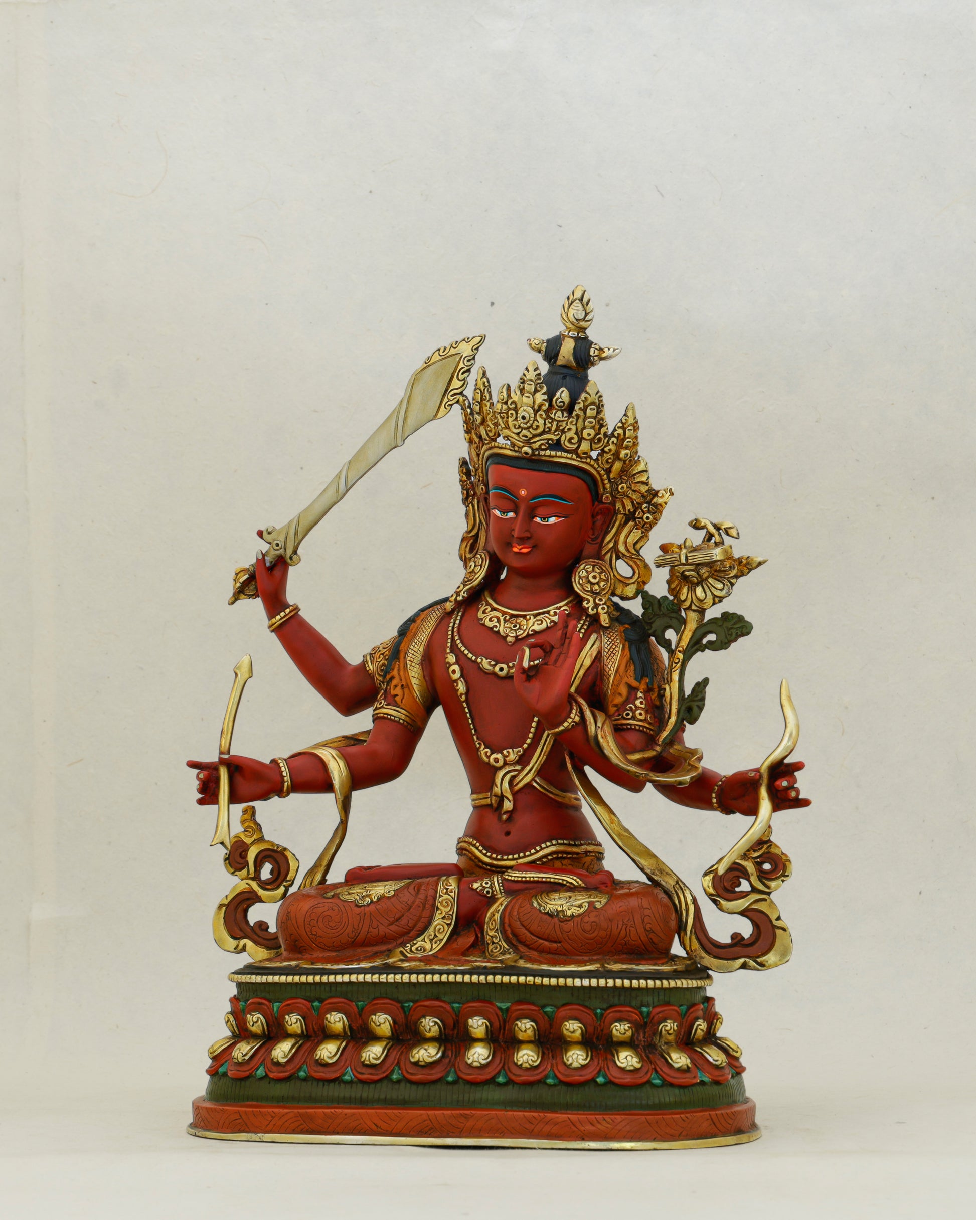 Red as Fire, Sharp as Truth | Six-Armed Manjushri From Nepal - Authentic Handcrafted Statue
