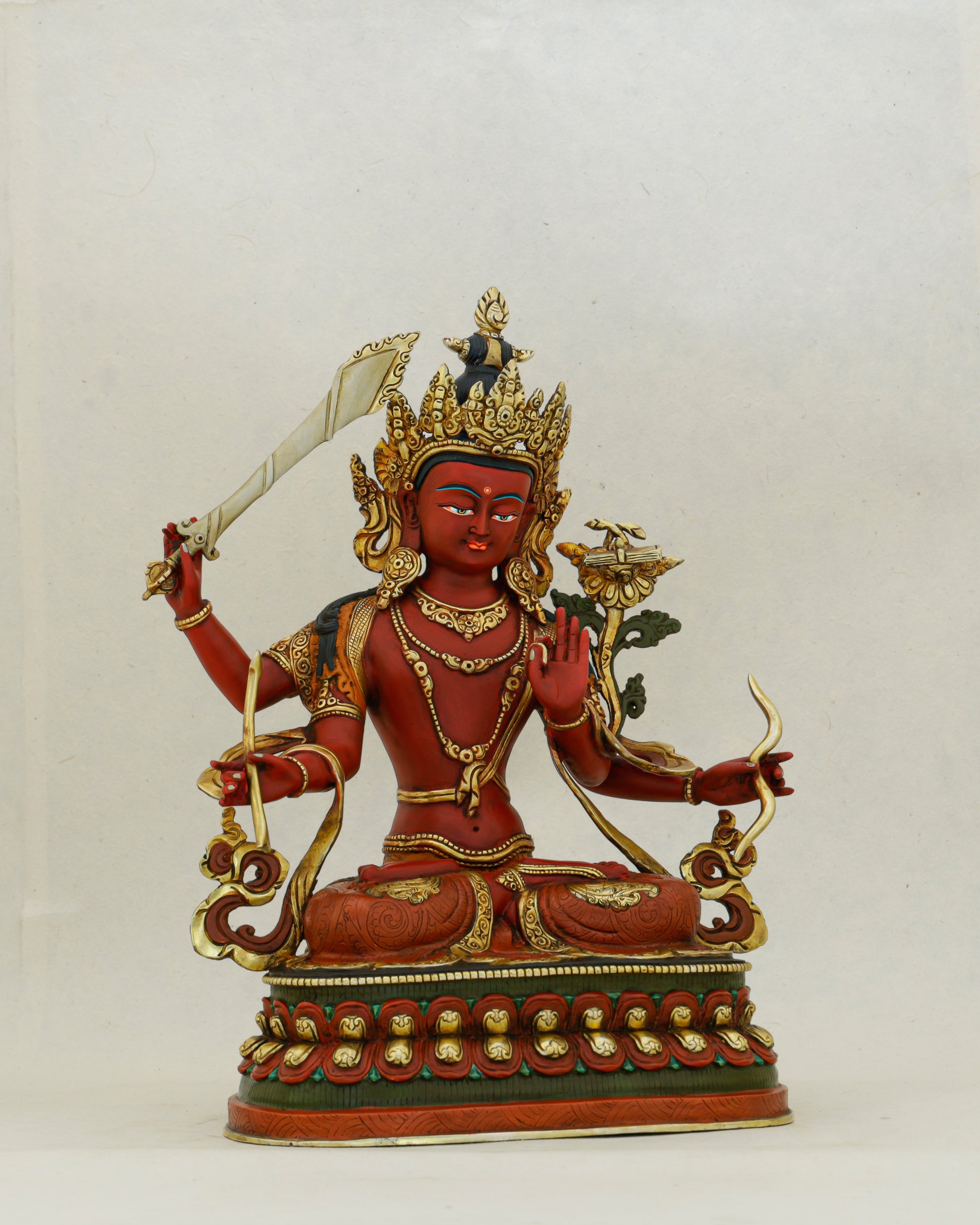 Red as Fire, Sharp as Truth | Six-Armed Manjushri From Nepal - Authentic Handcrafted Statue