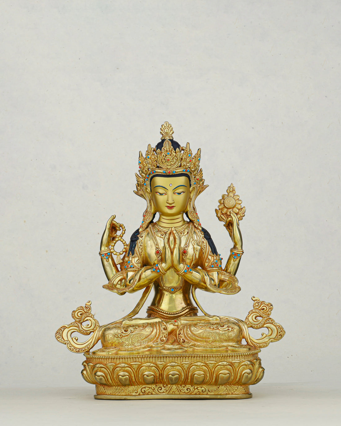 Hands Folded, Heart Open | 24K Gilded Chengresi Satue From Nepal - Handcrafted Buddhist Statue