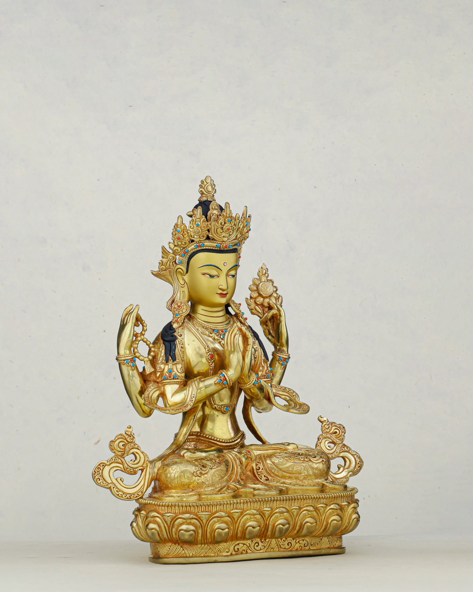 Hands Folded, Heart Open | 24K Gilded Chengresi Satue From Nepal - Authentic Handcrafted Statue