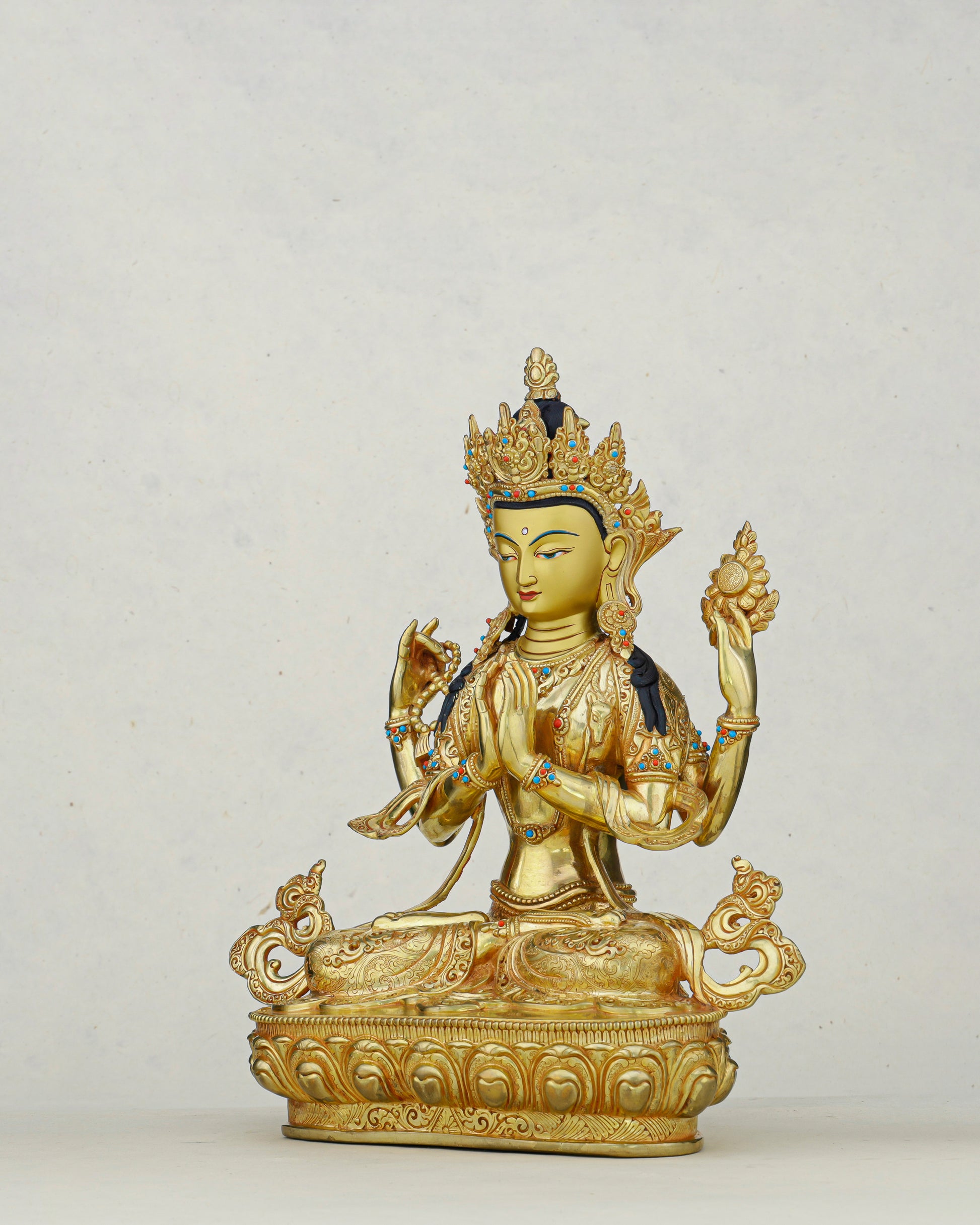 Hands Folded, Heart Open | 24K Gilded Chengresi Satue From Nepal - Authentic Handcrafted Statue