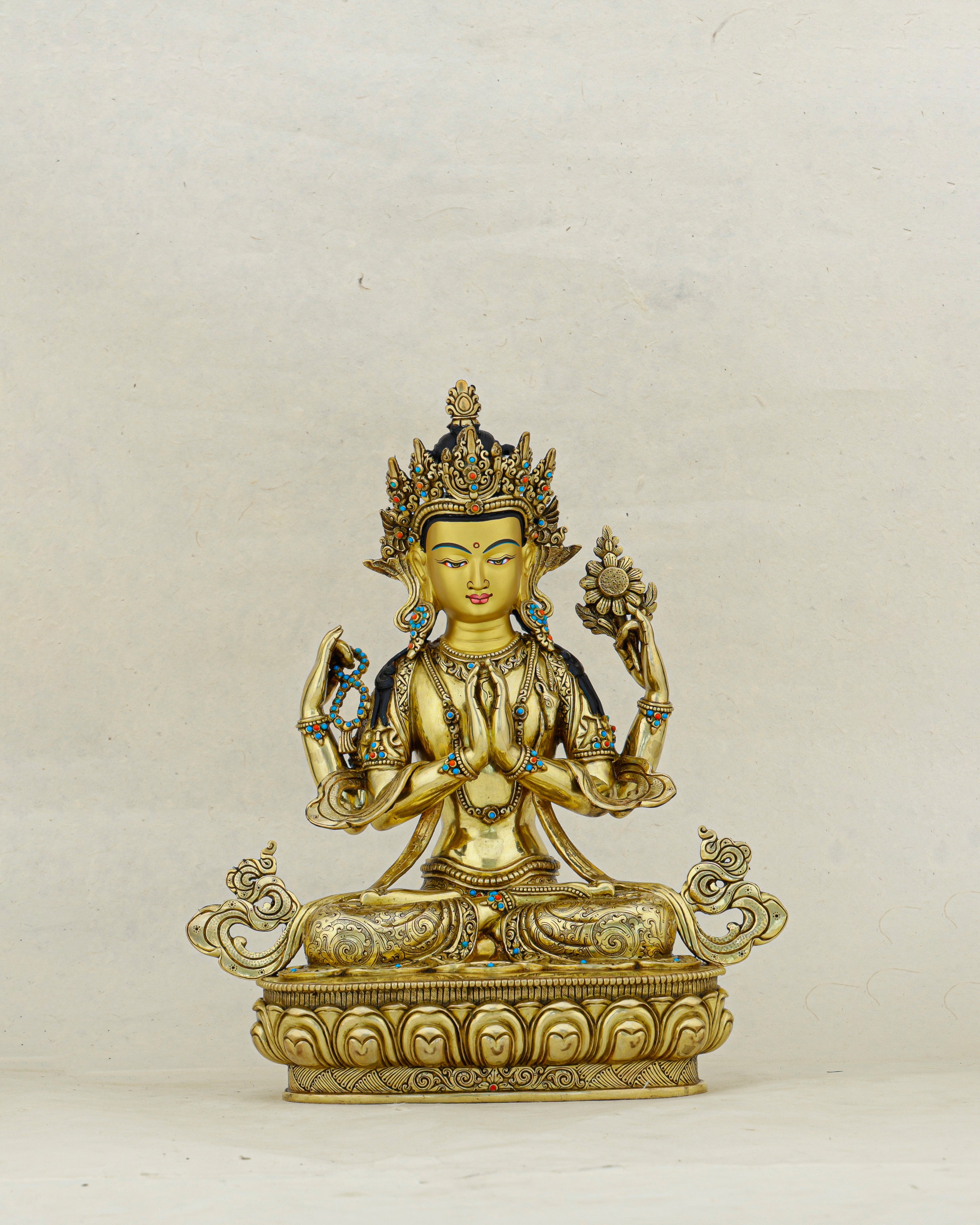 Four Arms, One Heart | Nepalese 24K Gold Chengresi Statue That Holds the World in Compassion