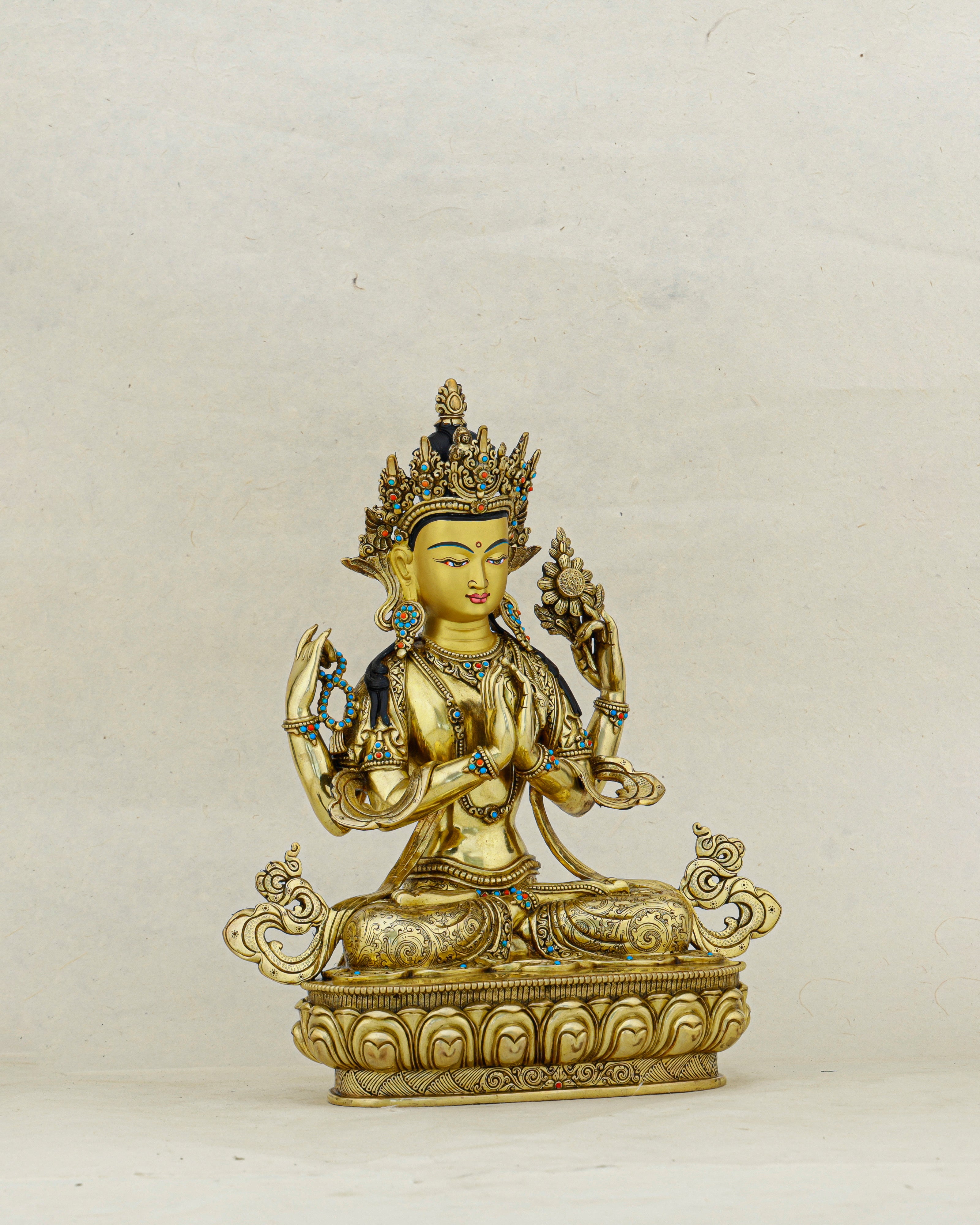 Four Arms, One Heart | Nepalese 24K Gold Chengresi Statue That Holds the World in Compassion
