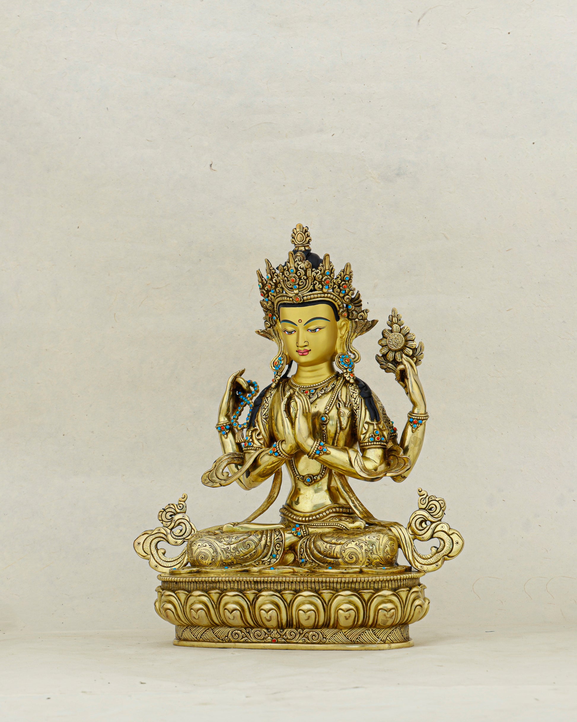 Four Arms, One Heart | Nepalese 24K Gold Chengresi Statue That Holds the World in Compassion - Authentic Handcrafted Statue