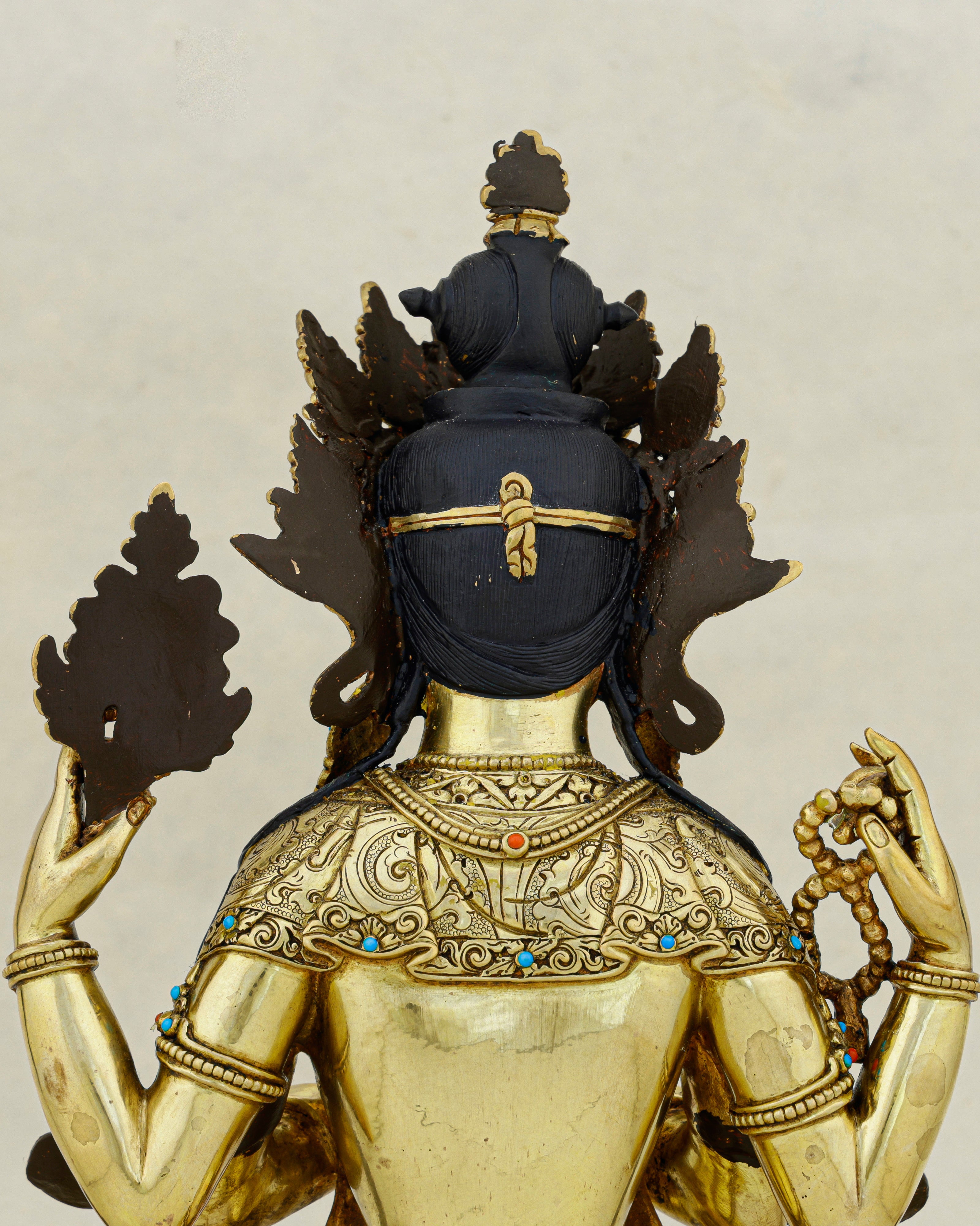 Four Arms, One Heart | Nepalese 24K Gold Chengresi Statue That Holds the World in Compassion