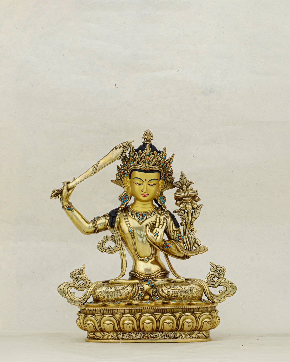The Sword That Cuts Through Darkness | Nepalese 24K Gold Manjushri Statue That Awakens Wisdom - Handcrafted Buddhist Statue
