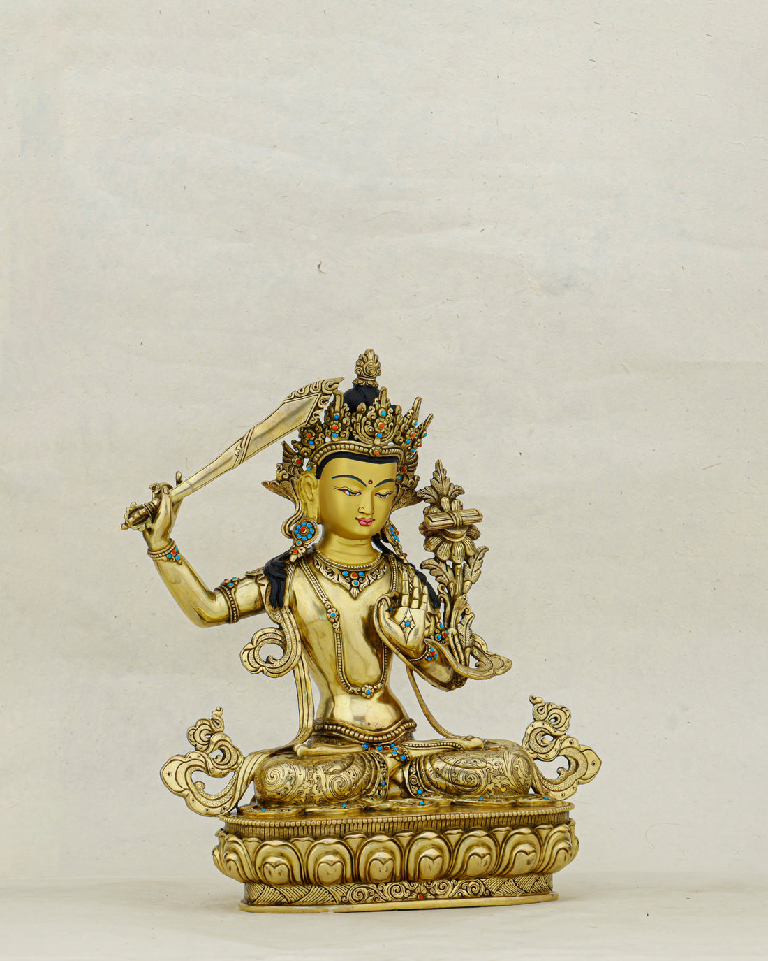 The Sword That Cuts Through Darkness | Nepalese 24K Gold Manjushri Statue That Awakens Wisdom - Handcrafted Buddhist Statue - Authentic Sacred Art
