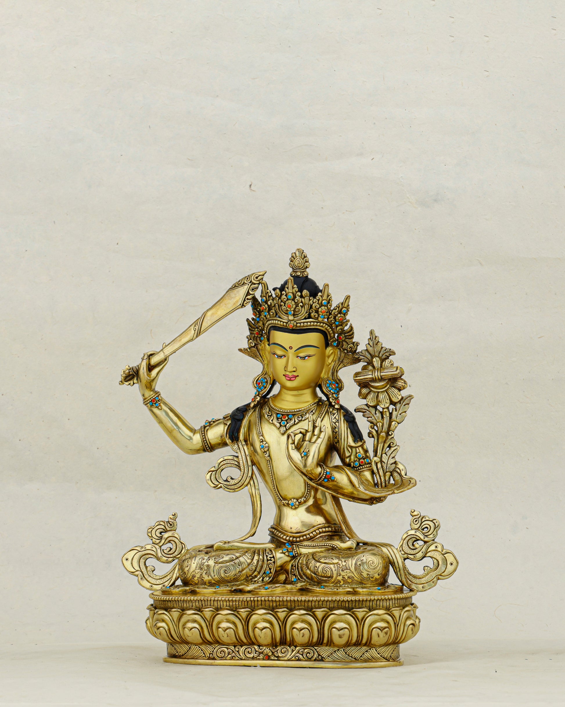 The Sword That Cuts Through Darkness | Nepalese 24K Gold Manjushri Statue That Awakens Wisdom - Authentic Handcrafted Statue