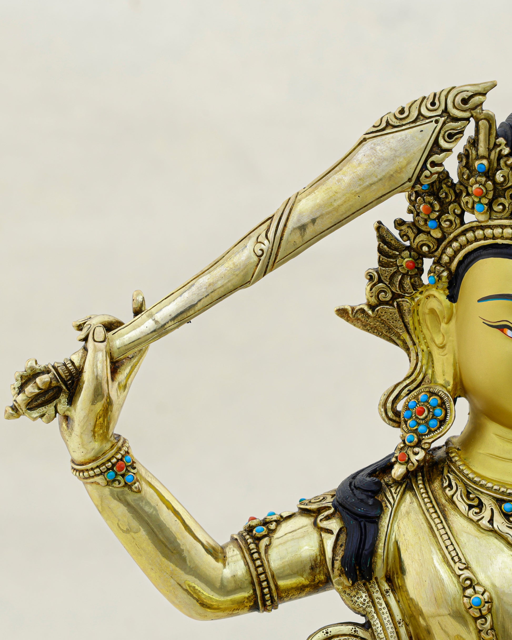 The Sword That Cuts Through Darkness | Nepalese 24K Gold Manjushri Statue That Awakens Wisdom - Authentic Handcrafted Statue